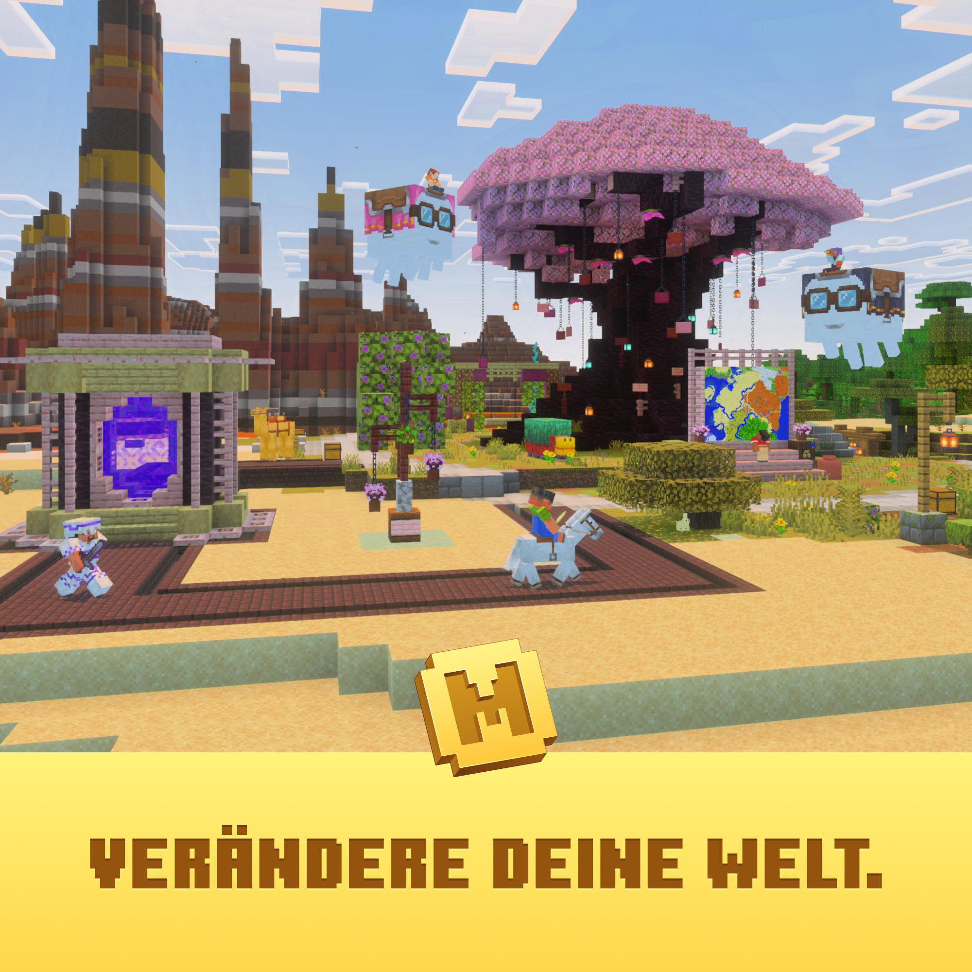 Minecraft-Szene mit schwebenden Kreaturen, einer Karte, einer Person auf einem Pferd und einem Baum mit rosa Blättern.