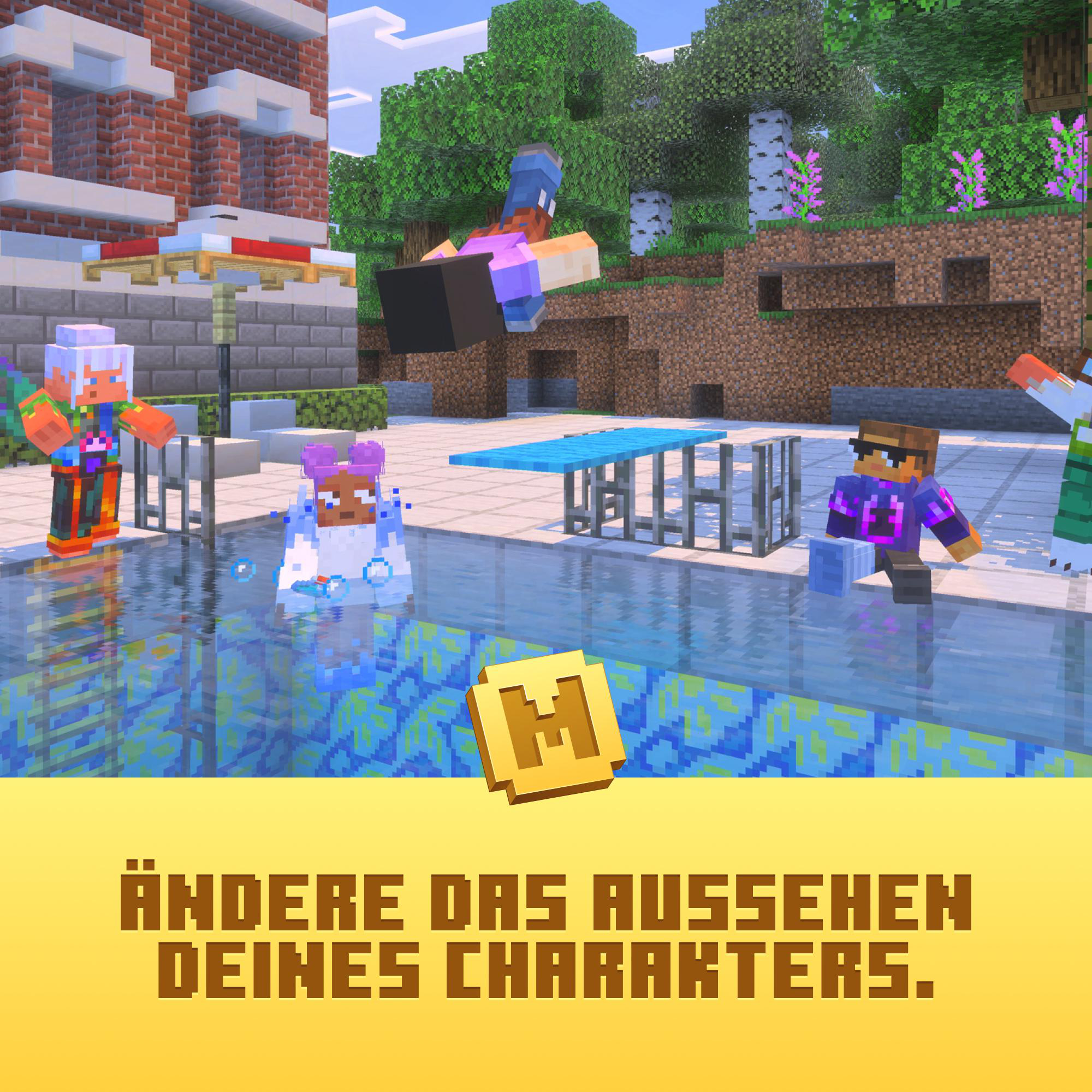 Minecraft-Szene mit Charakteren, die in einen Pool springen. Enthält eine Münze mit dem Buchstaben H und dem Text: ÄNDERE DAS AUSSEHEN DEINES CHARAKTERS.