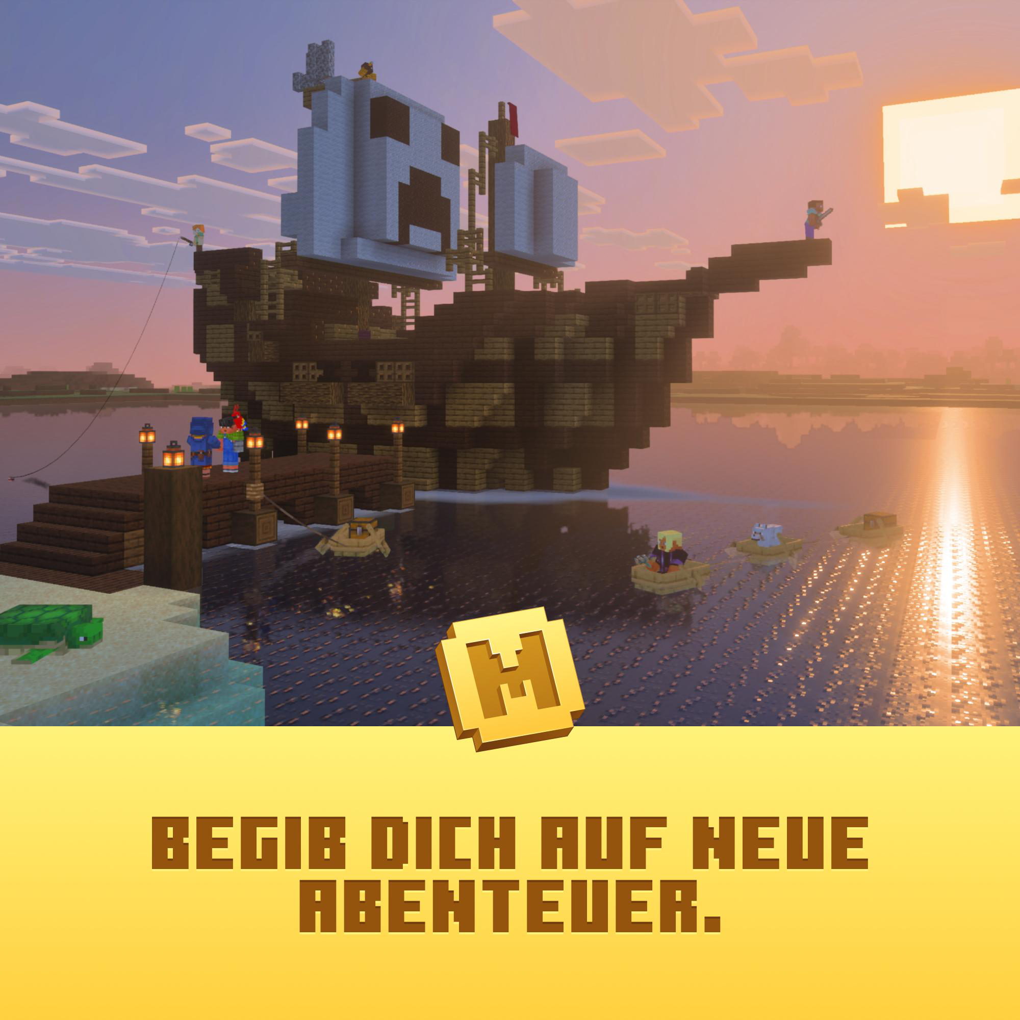 Minecraft-Piraten-Schiff auf dem Wasser, Charaktere an Deck und in Booten, Sonnenuntergang im Hintergrund.