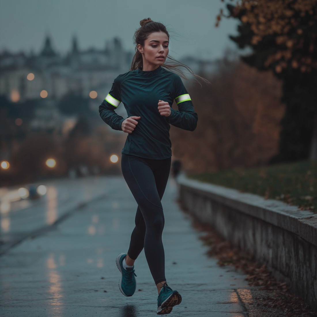 Egy nő nedves úton fut. Sötét sportruhát és fényvisszaverő karszalagot visel. A háttérben városi fények és fák láthatók.