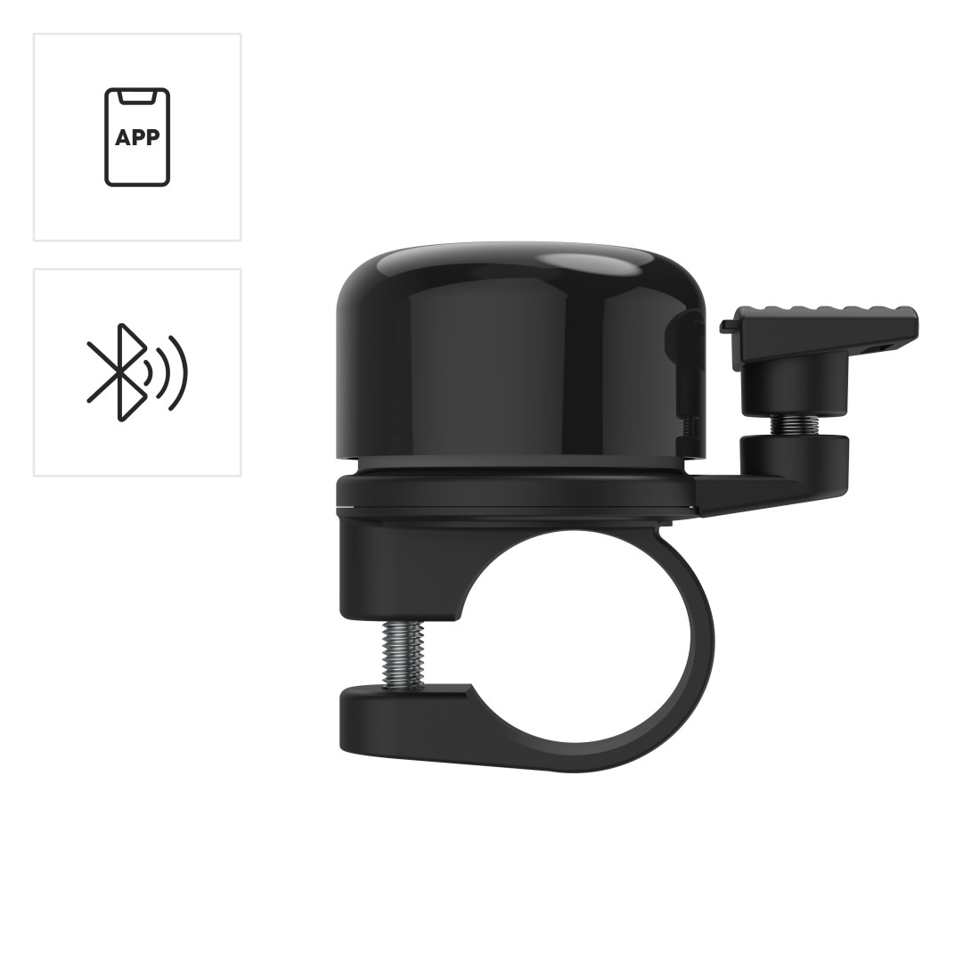 Fekete kerékpárcsengő gyűrűs bilinccsel, Bluetooth szimbólummal és alkalmazás ikonnal. A csengő fényes kupolával és karral rendelkezik.