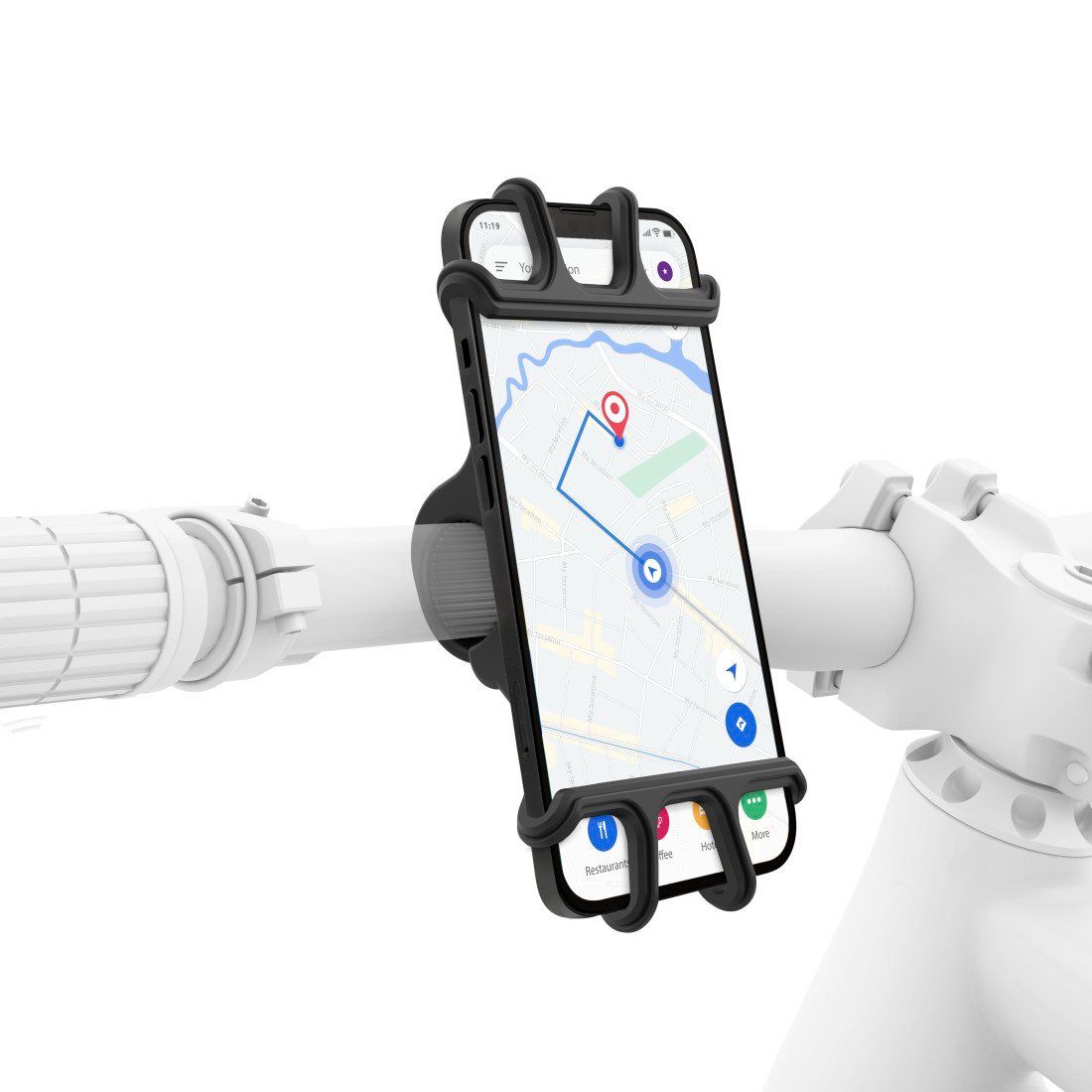 A térképes telefon fehér robogó kormányára van rögzítve. A telefon fekete tartóban van.