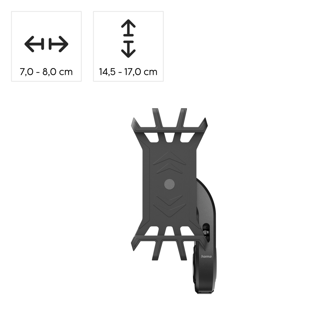 Egy fekete tablettartó, a fent megadott méretekkel, fehér háttér előtt. A 'hama' márkanév látható.