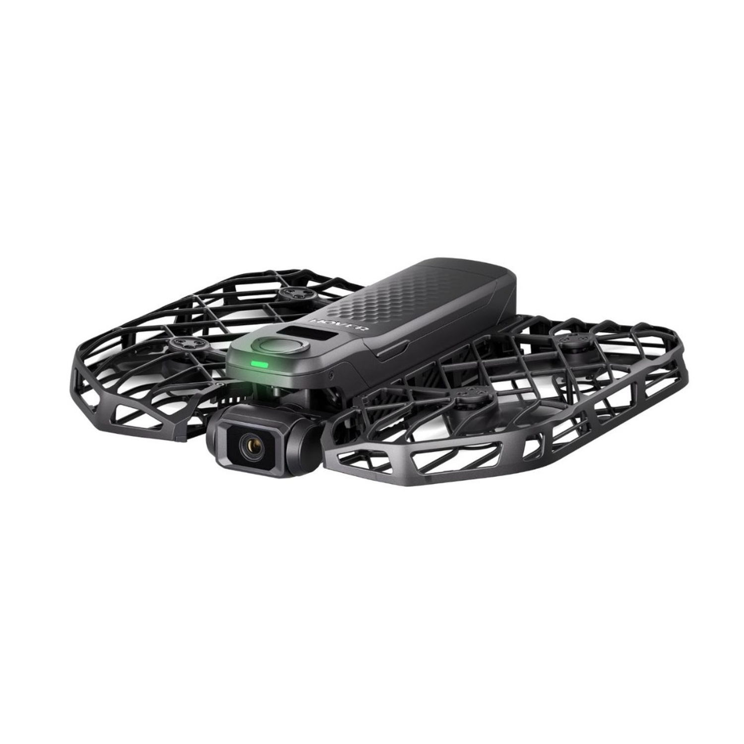 Un drone nero con una fotocamera è centrato. Ha gabbie protettive attorno alle eliche e si trova su uno sfondo bianco.
