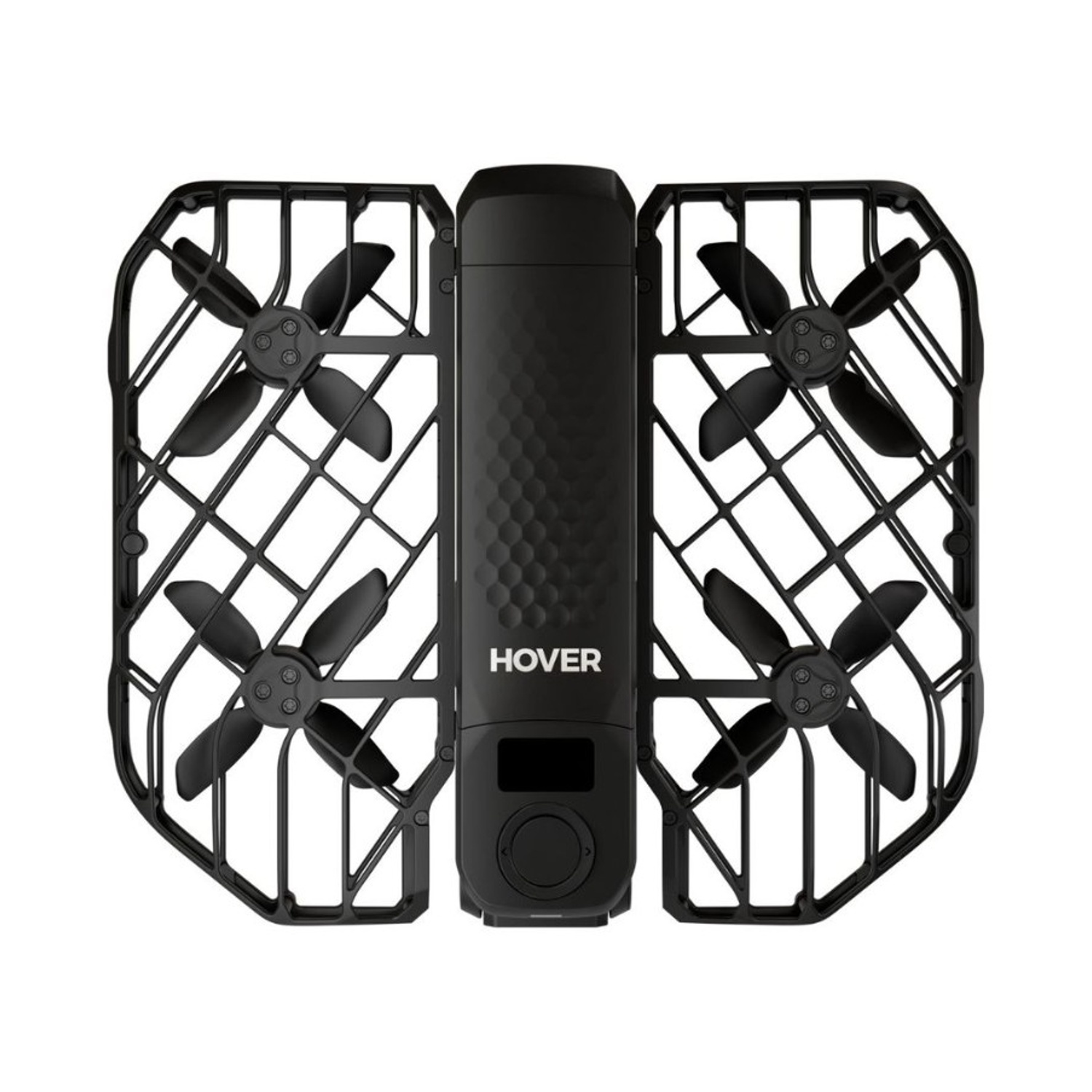 Drone nero con gabbie protettive ed eliche, la parola 'HOVER' è visibile. Il drone è su sfondo bianco.