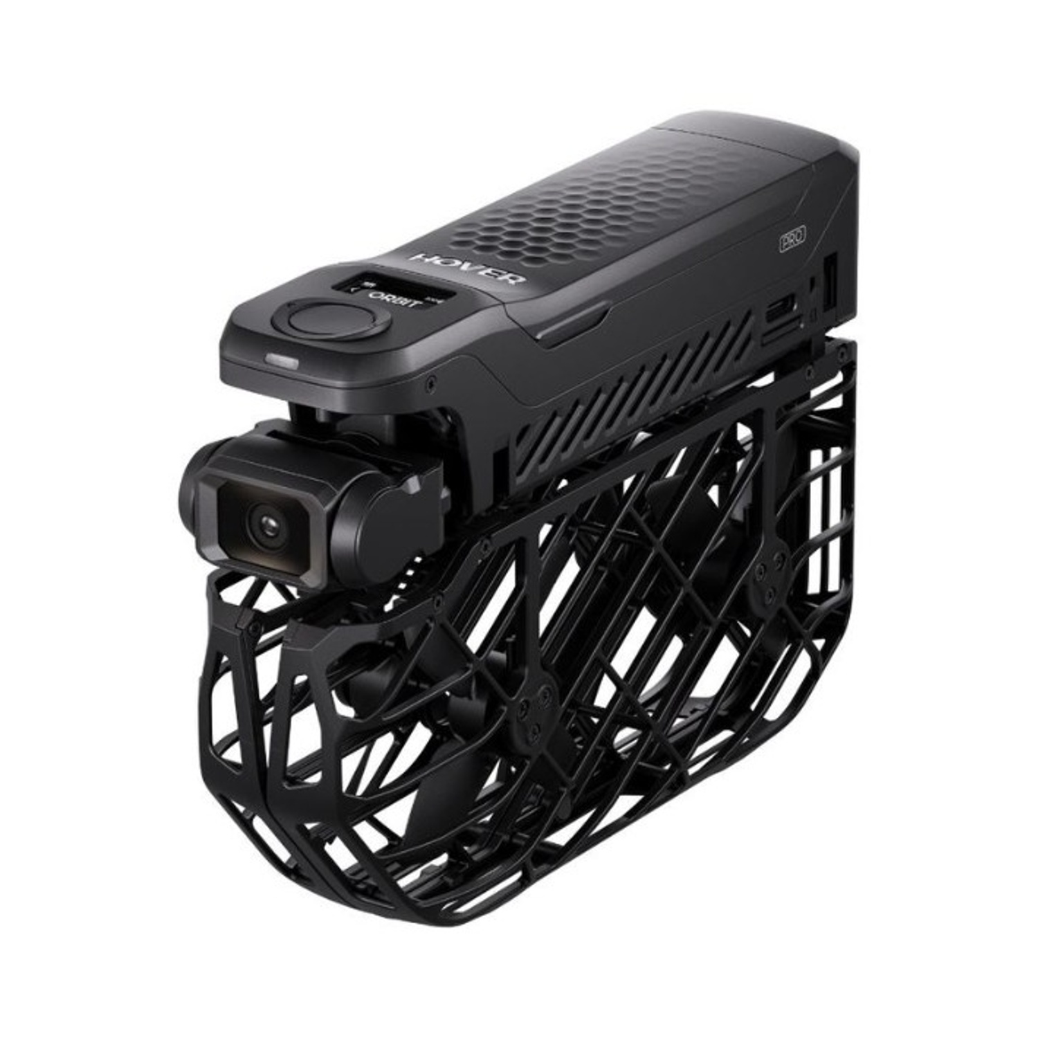 Drone nero con telecamera. Ha un fondo a gabbia con una ventola e una parte superiore con la scritta HOVER.
