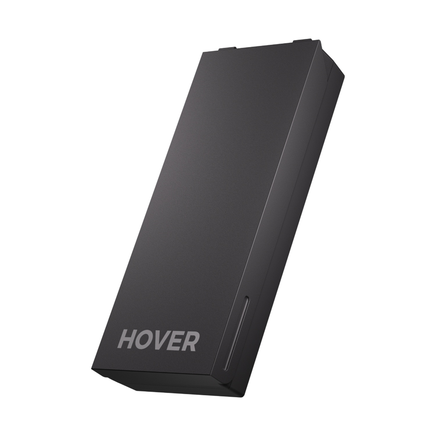 Un dispositivo rettangolare nero con la parola 'HOVER'. È leggermente angolato e su sfondo bianco.