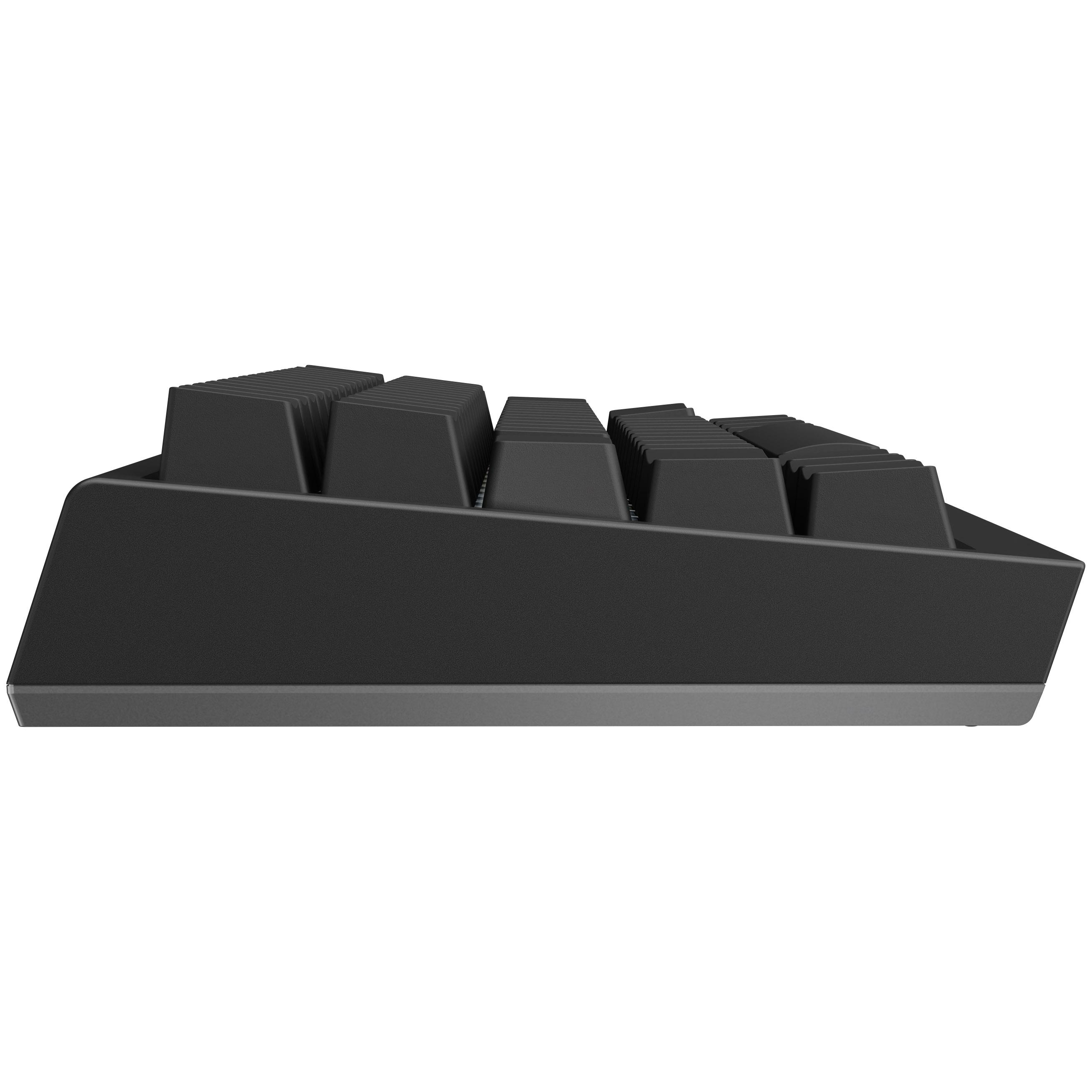 Seitenansicht einer schwarzen Tastatur. Schwarze Tastenkappen sind sichtbar. Die Basis ist dunkelgrau.