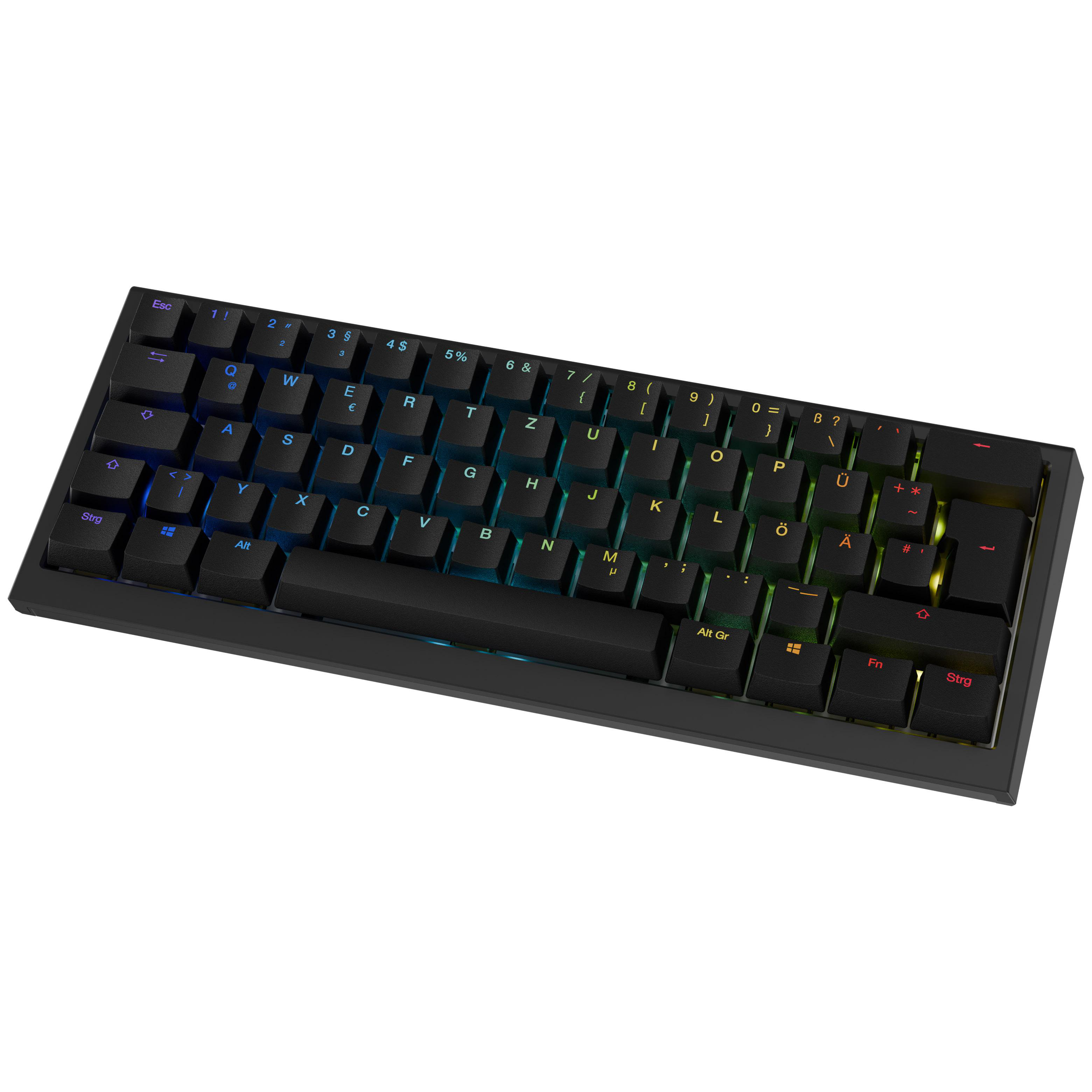 Schwarze, kompakte Tastatur mit Hintergrundbeleuchtung auf weißem Grund. Tasten mit Buchstaben, Zahlen und Symbolen.