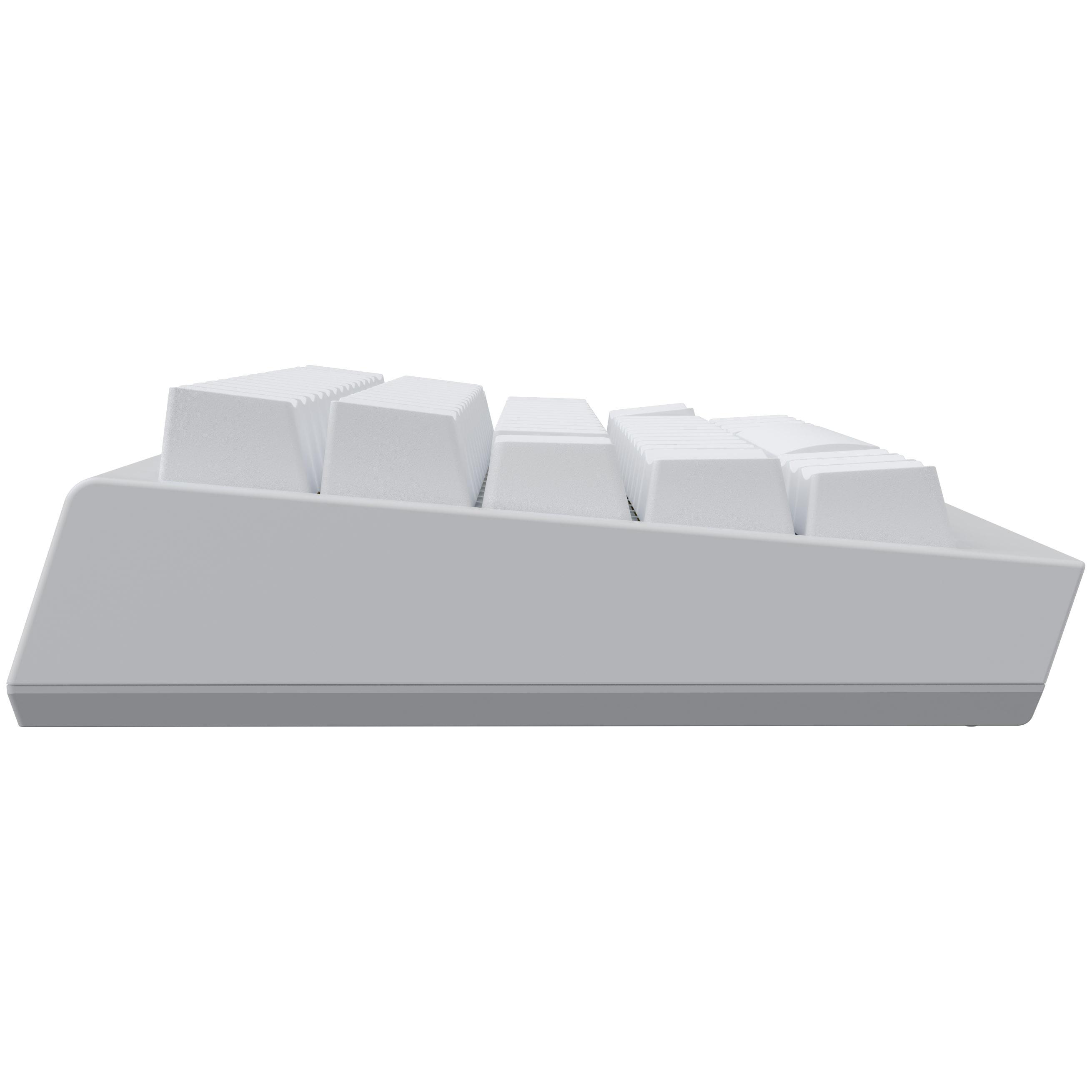Seitenansicht einer weißen mechanischen Tastatur. Tasten sind sichtbar, ebenso wie die graue Basis. Die Tasten sind weiß.