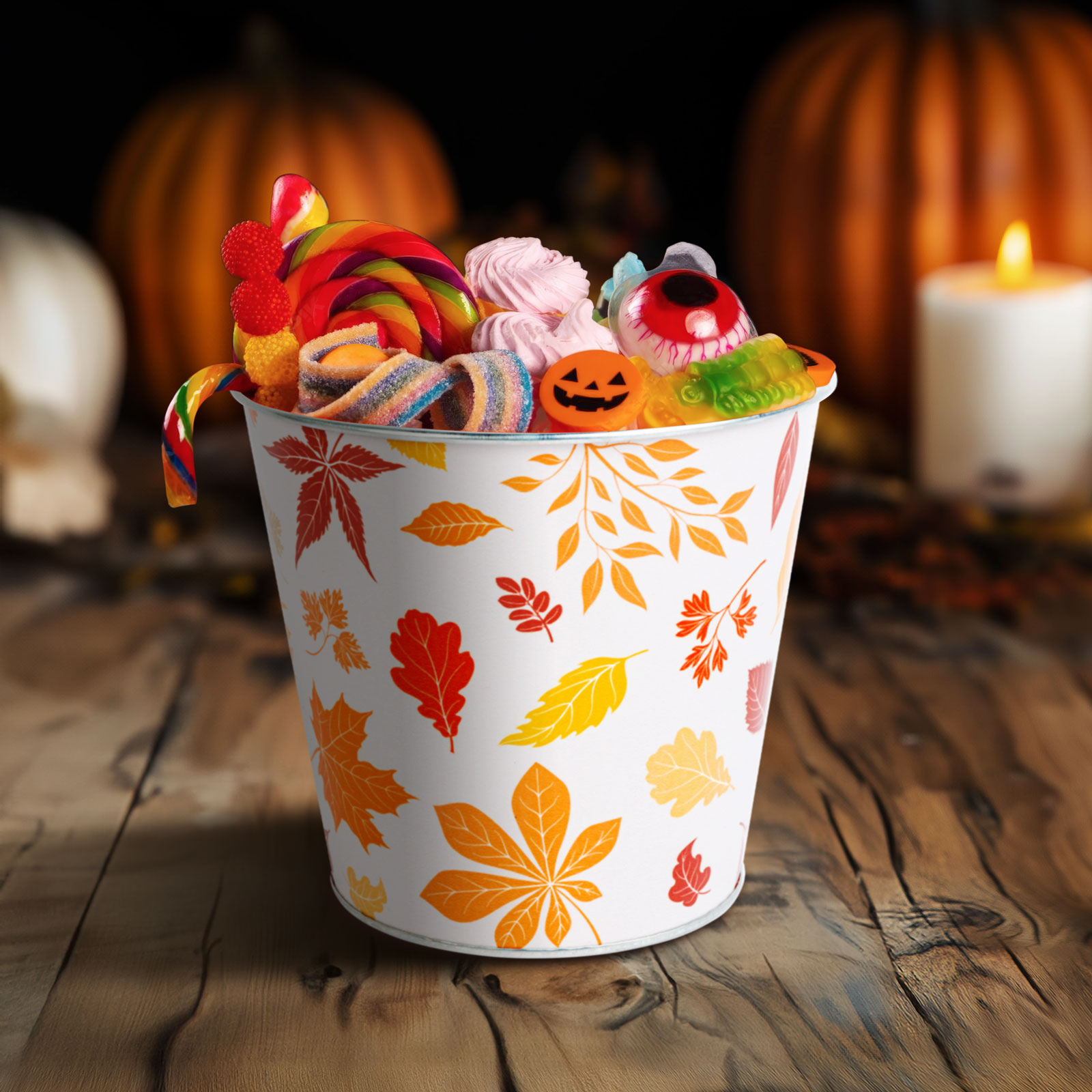 Egy Halloween-vödör tele cukorkákkal, tökök és egy gyertya hátterében.