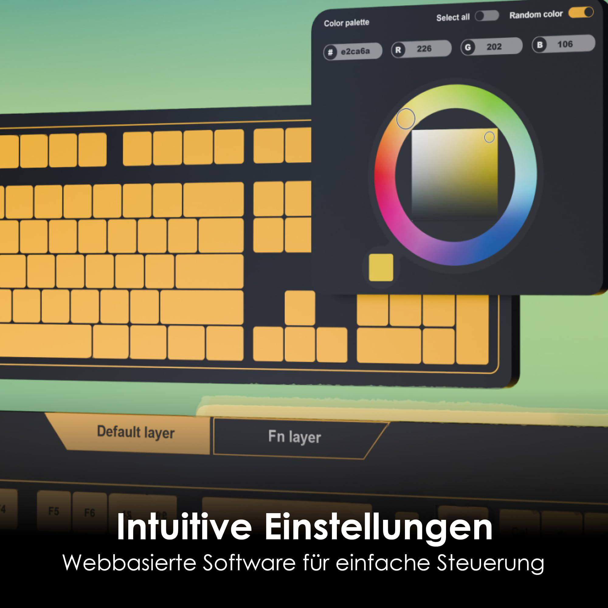Das Bild zeigt Tastaturtasten und eine Farbpalette mit Farboptionen. Text sagt Intuitive Einstellungen.