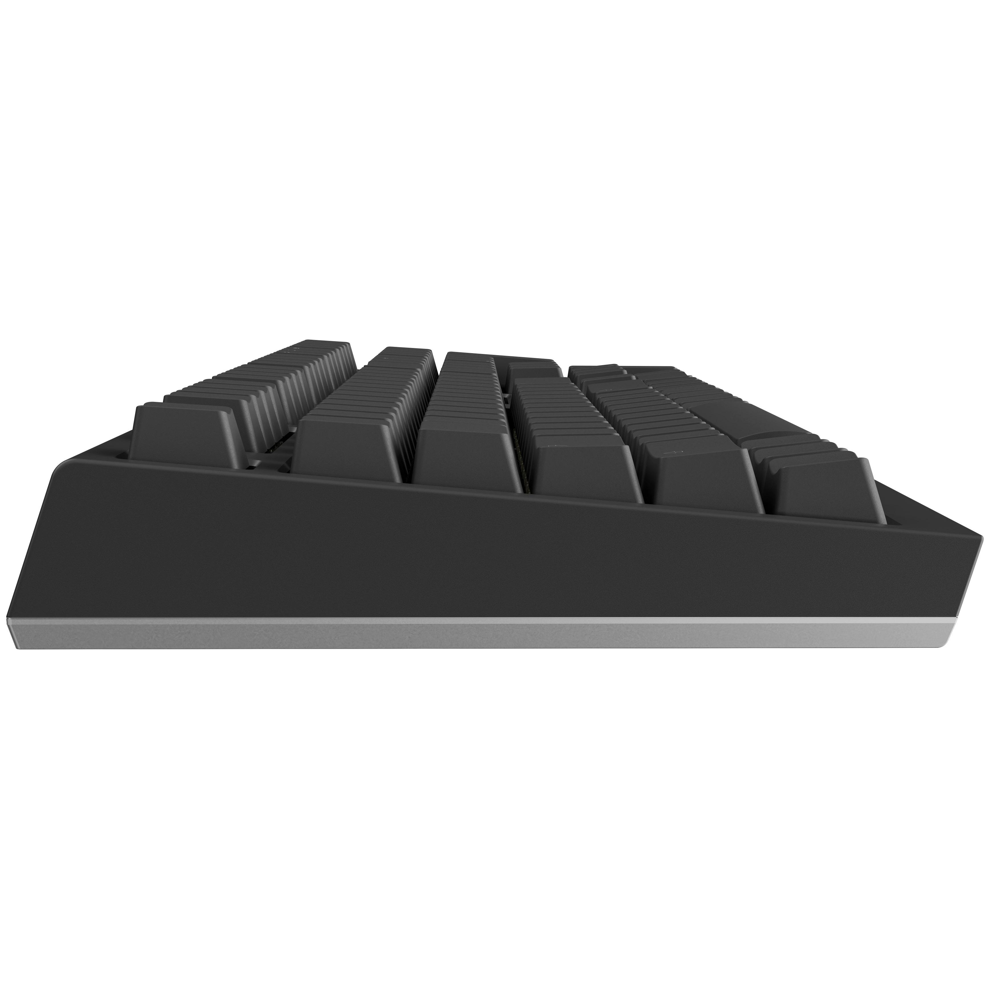 Seitenansicht einer schwarzen Tastatur. Tasten sind sichtbar, in Reihen angeordnet. Die Basis ist schwarz mit grauem Rand.