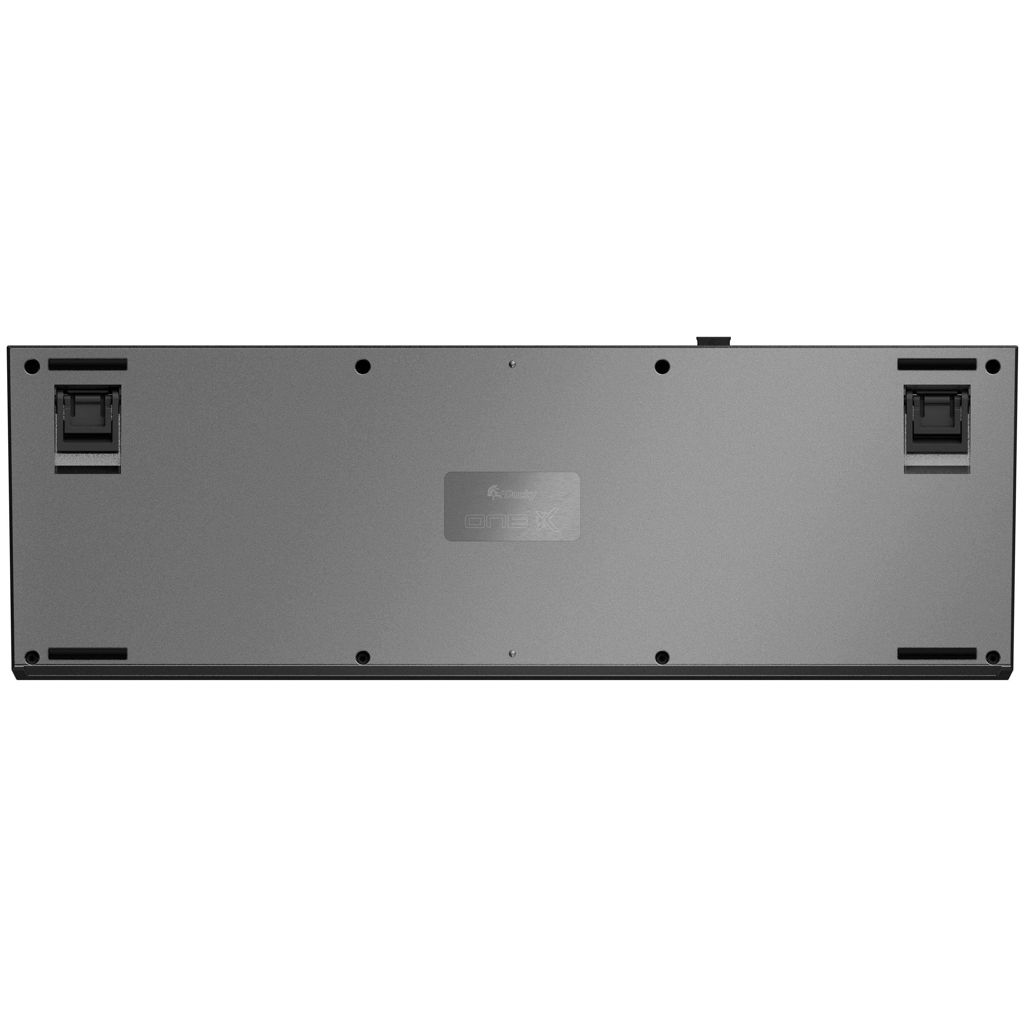 Die Unterseite einer grauen Tastatur mit Logo in der Mitte und schwarzen Komponenten an den Seiten.
