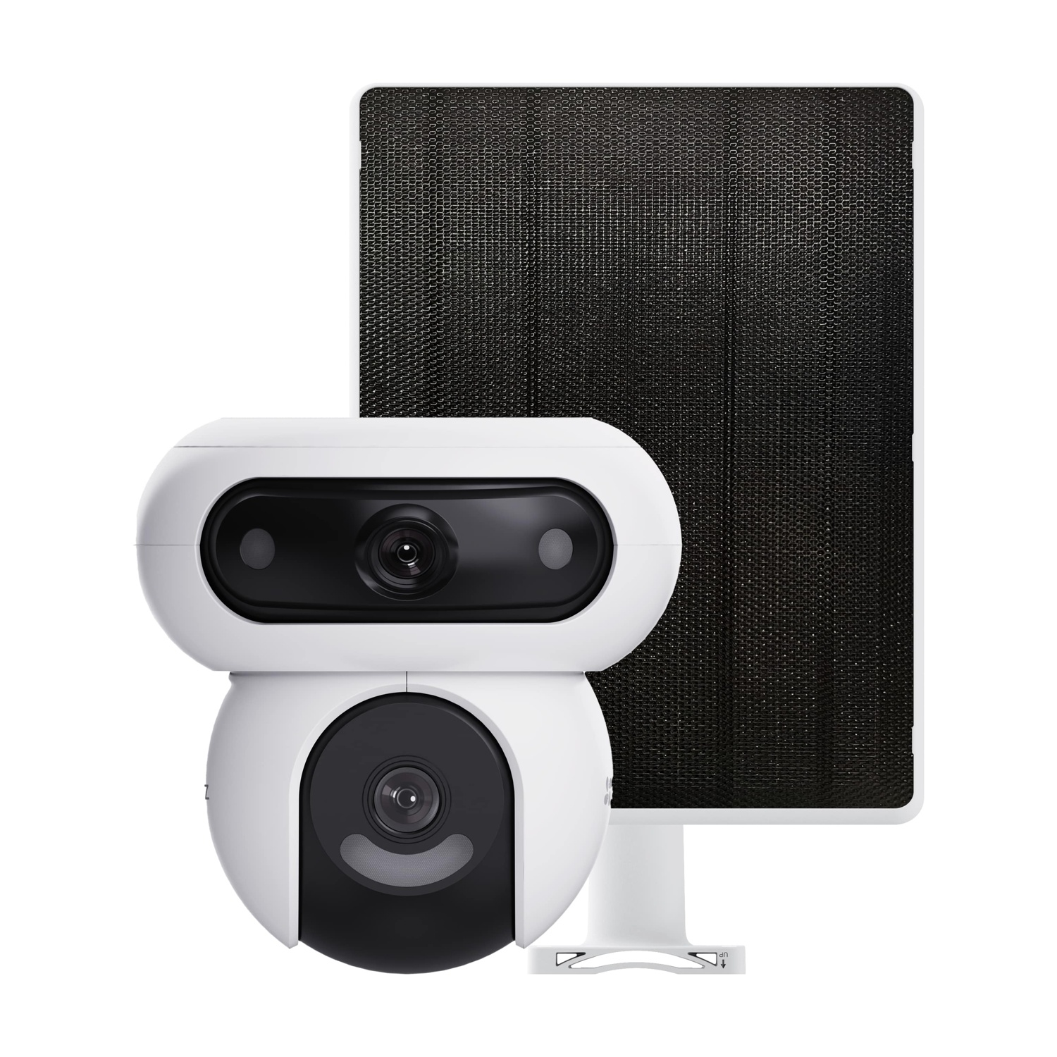 Una telecamera di sicurezza bianca con obiettivo nero e pannello solare su sfondo bianco.