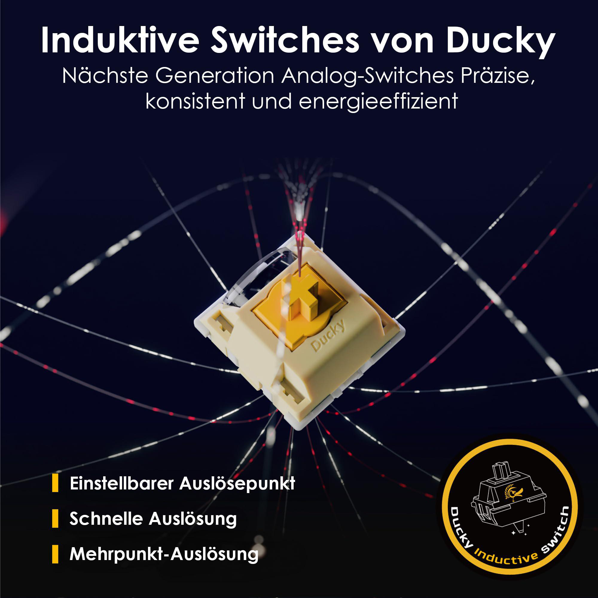 Ein Tastaturschalter mit gelbem Kreuz in der Mitte, auf dunklem Hintergrund. Text erwähnt Ducky und Induktivschalter.