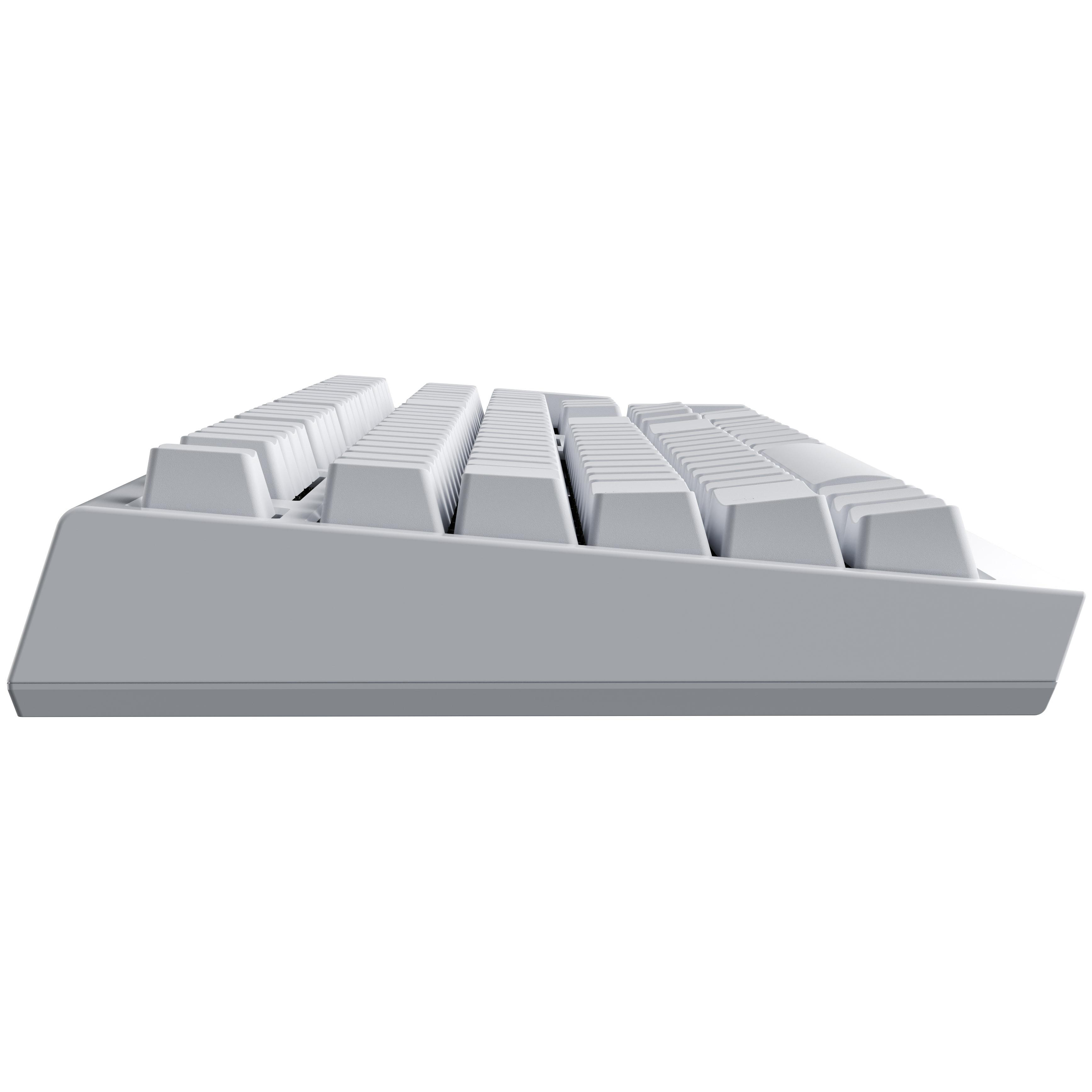 Seitenansicht einer weißen mechanischen Tastatur. Tasten sind sichtbar, in Reihen angeordnet. Das Gehäuse ist grau.