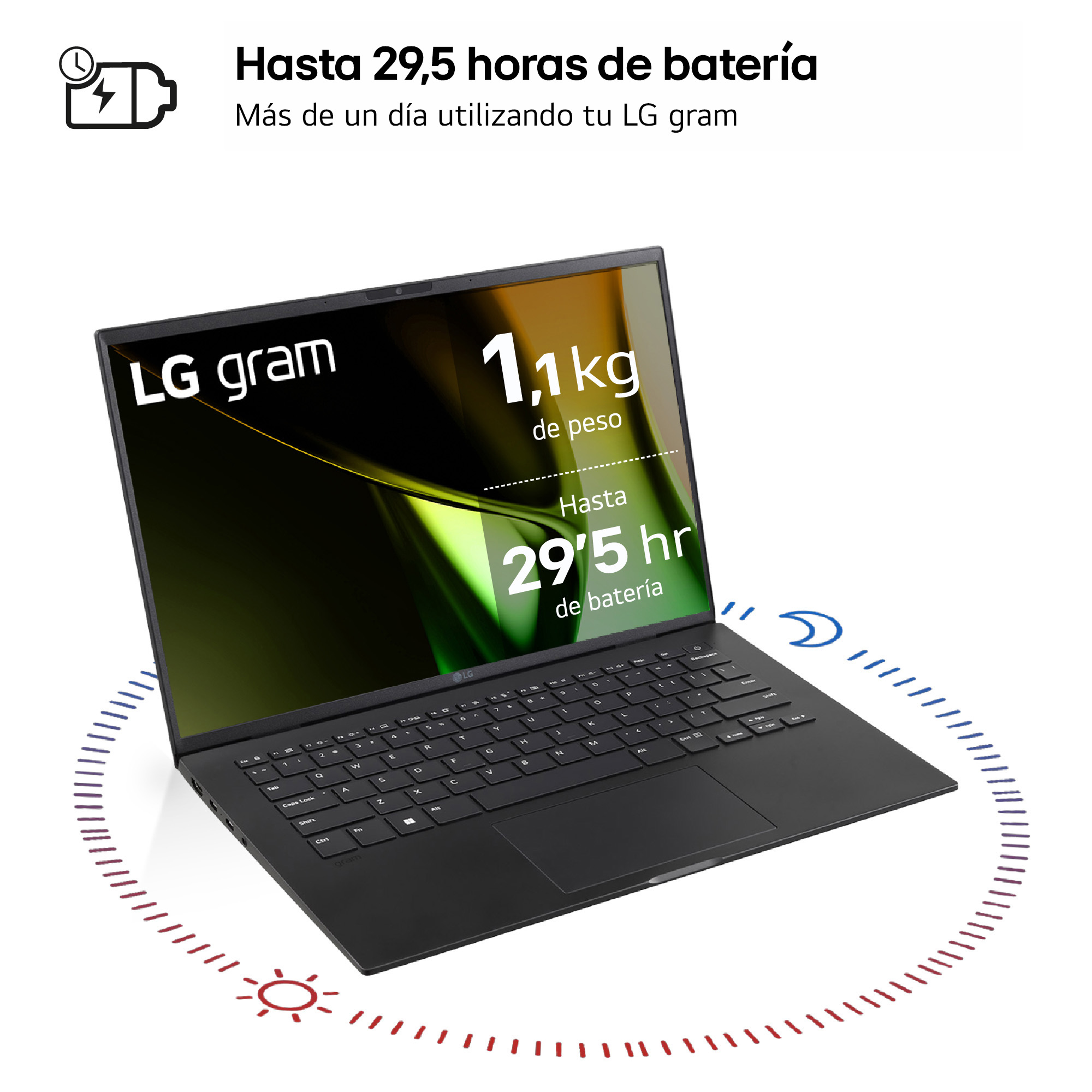 Hasta 29,5 horas de batería Más de un día utilizando tu LG gram