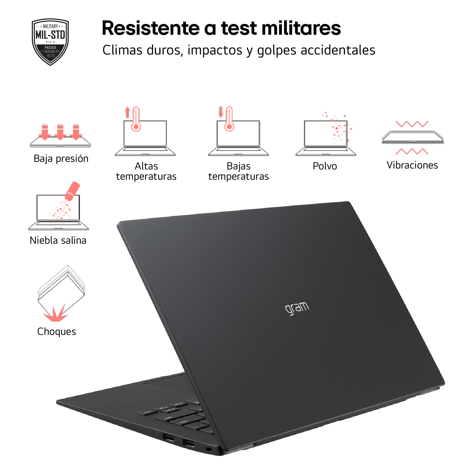 Resistente a test militares Climas duros, impactos y golpes accidentales.Baja presión,Altas temperaturas,Bajas temperaturas,Polvo,Vibraciones,Niebla salina,Choques