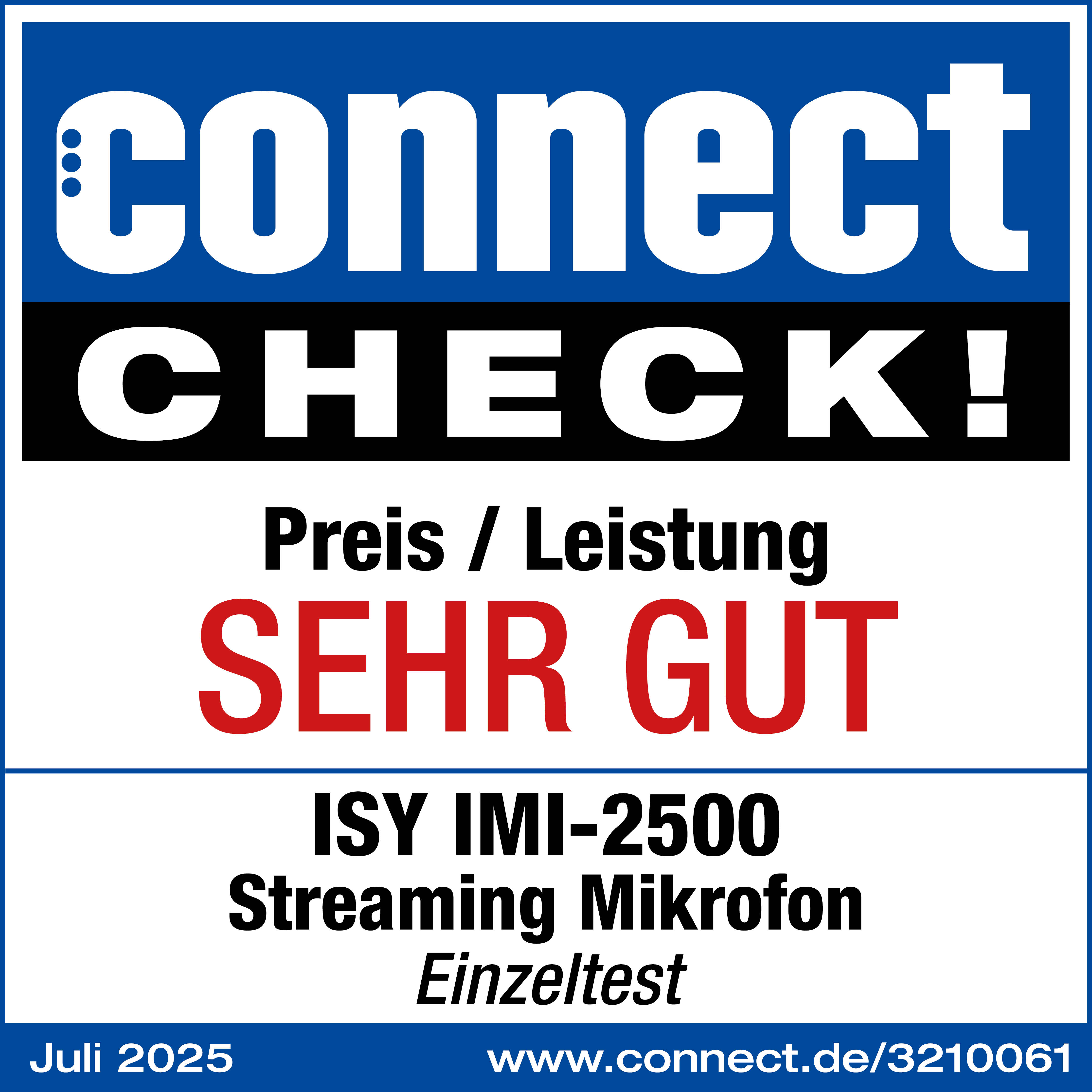 Das Bild zeigt ein 'connect CHECK!'-Logo mit der Bewertung 'SEHR GUT'. Es bewirbt ein ISY-Mikrofon und eine Website.