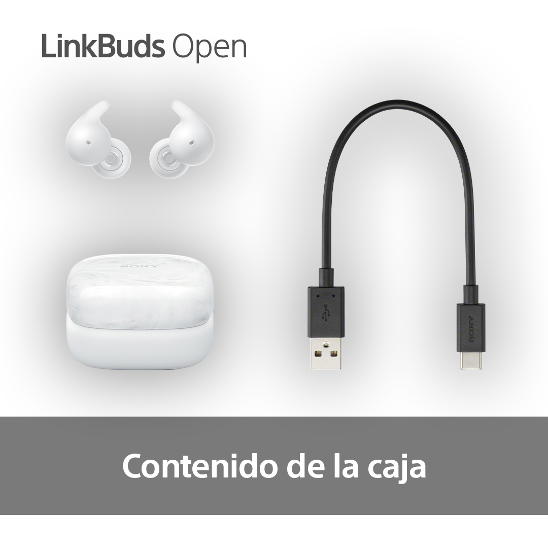 Auriculares blancos, estuche de carga y cable USB negro sobre fondo blanco. Texto: 'LinkBuds Open' y 'Contenido de la caja'.
