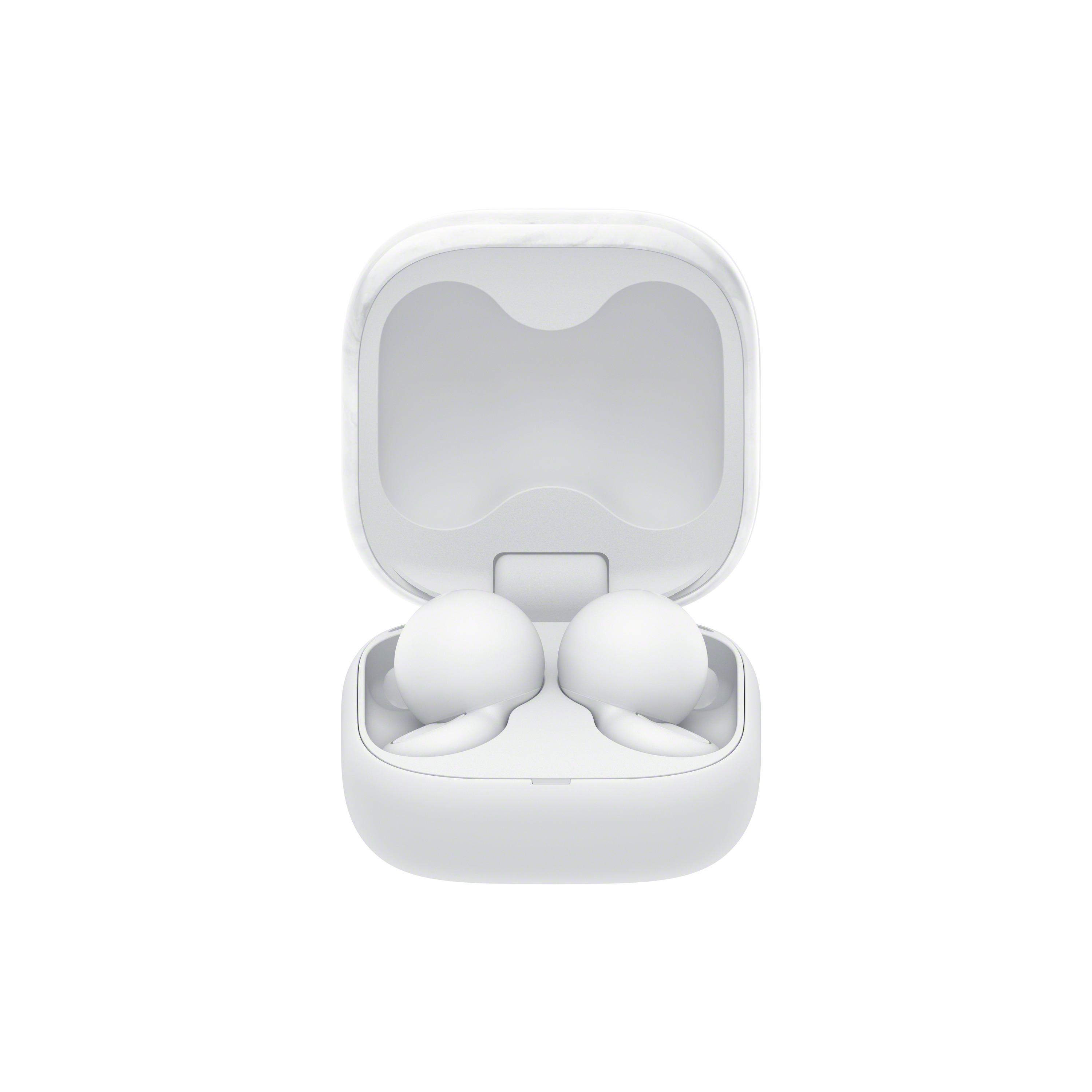 Estuche de carga blanco abierto con dos auriculares blancos dentro, sobre fondo blanco.