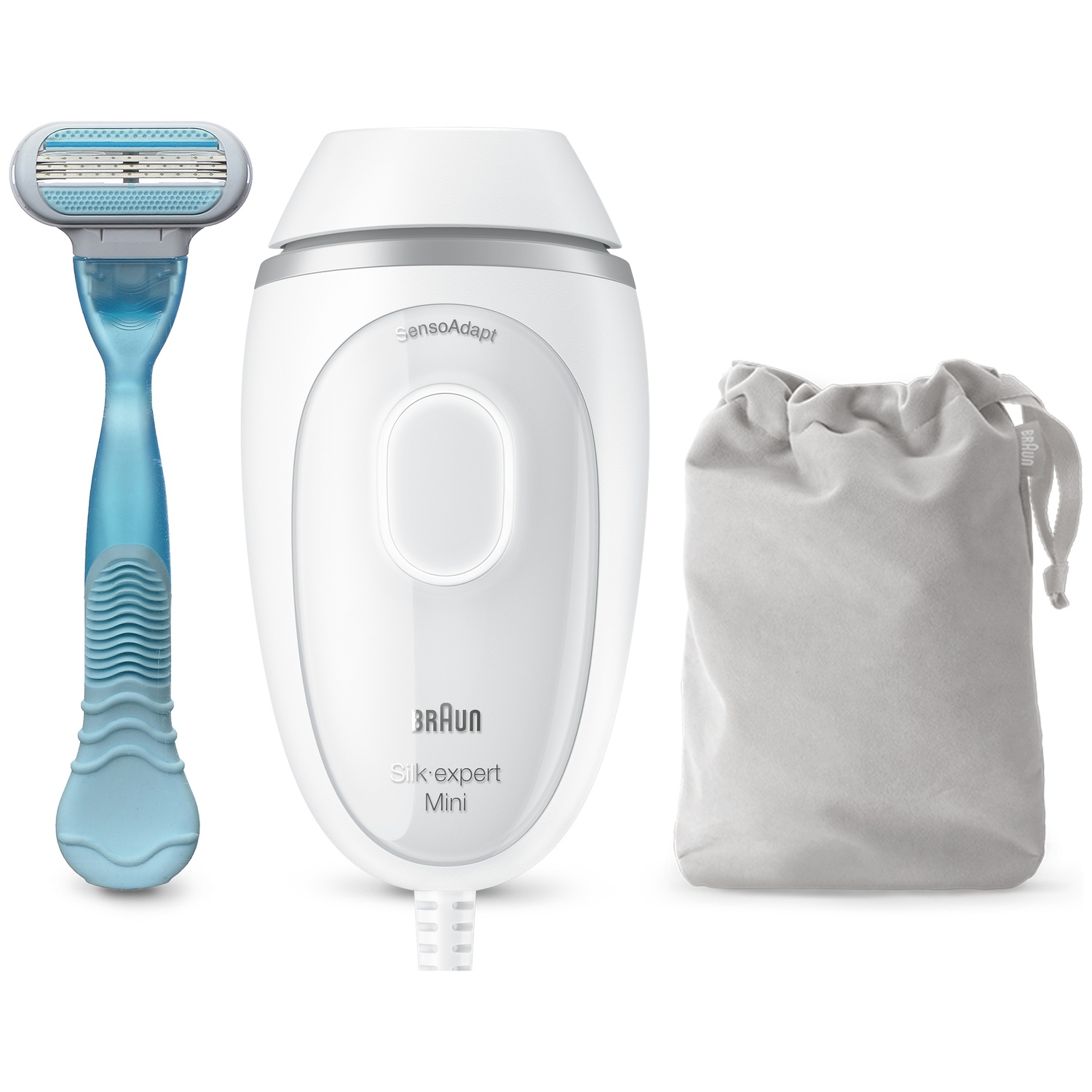 Een witte Braun Silk expert Mini, een blauw scheermes en een grijze pouch. Alles op een witte achtergrond.