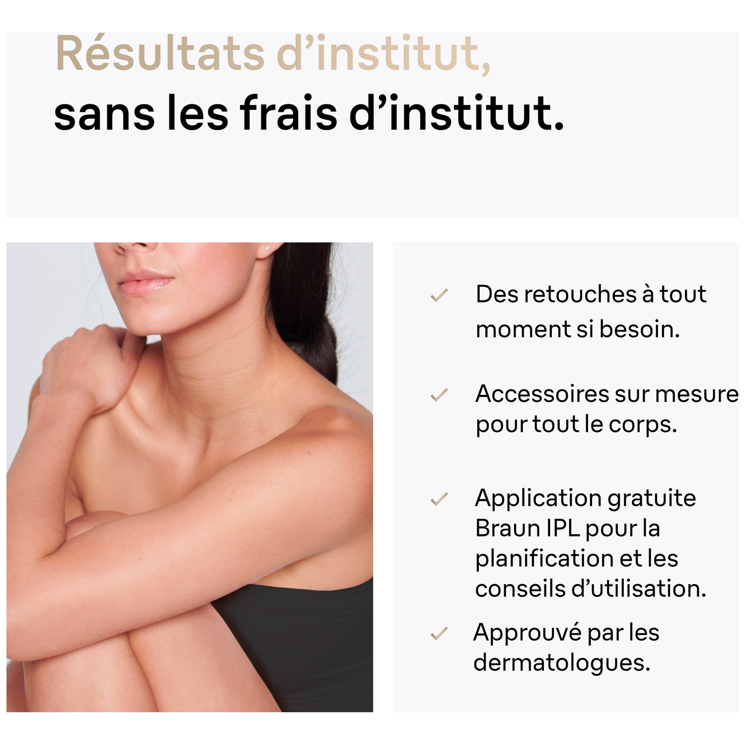 Une femme aux cheveux foncés et un haut noir. Le texte est en français, publicisant un produit de beauté.