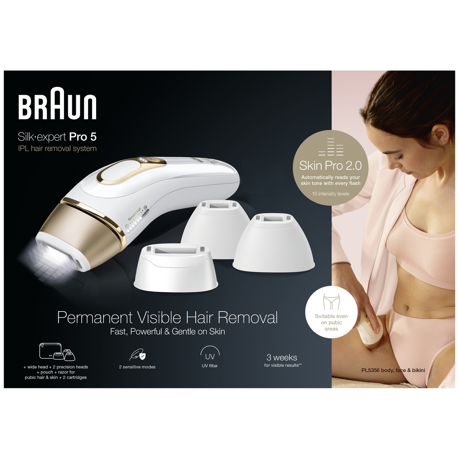 Une publicité pour un système d'épilation IPL Braun Silk-expert Pro 5. Elle montre l'appareil, les accessoires et une femme l'utilisant.