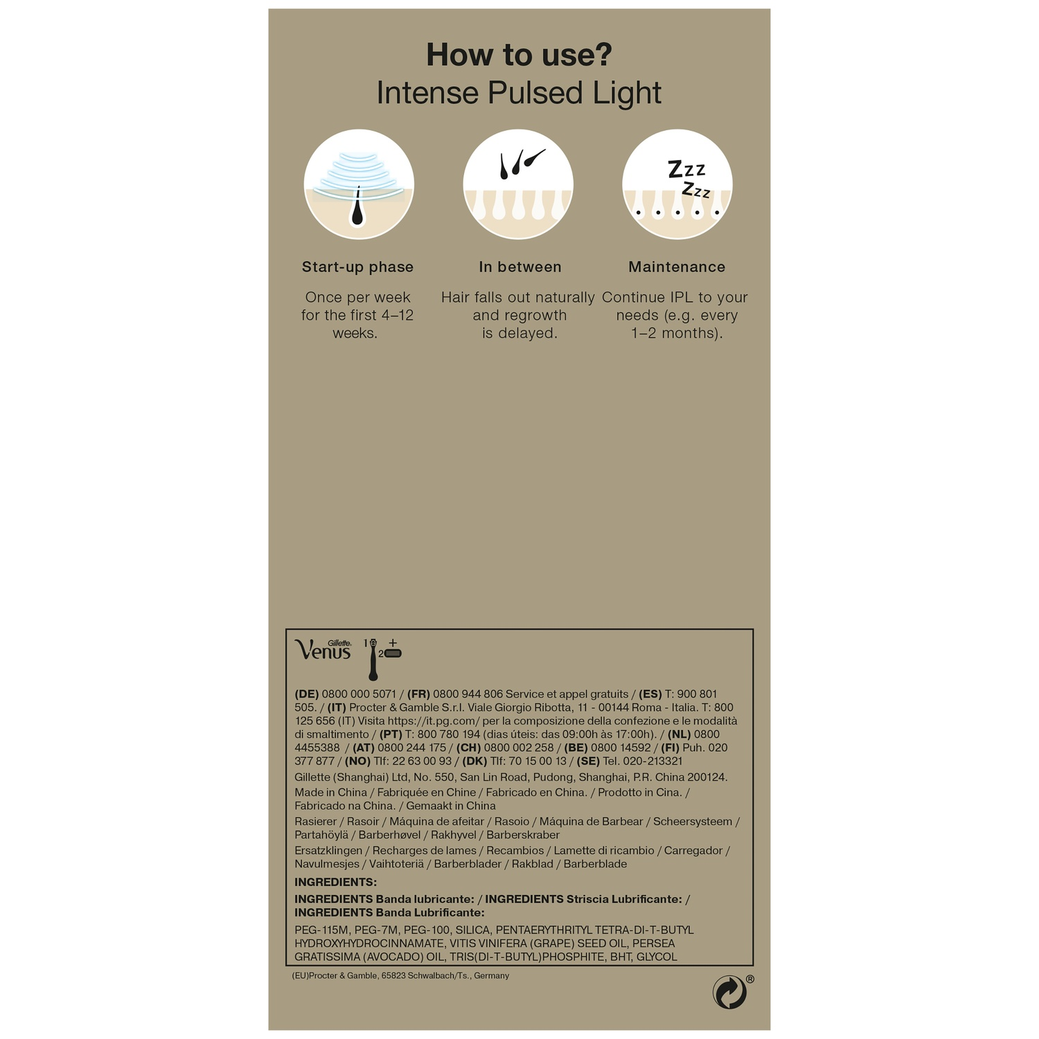 Infographie du processus IPL : démarrage, entre-deux et entretien. Texte, illustrations d'épilation et informations produit.