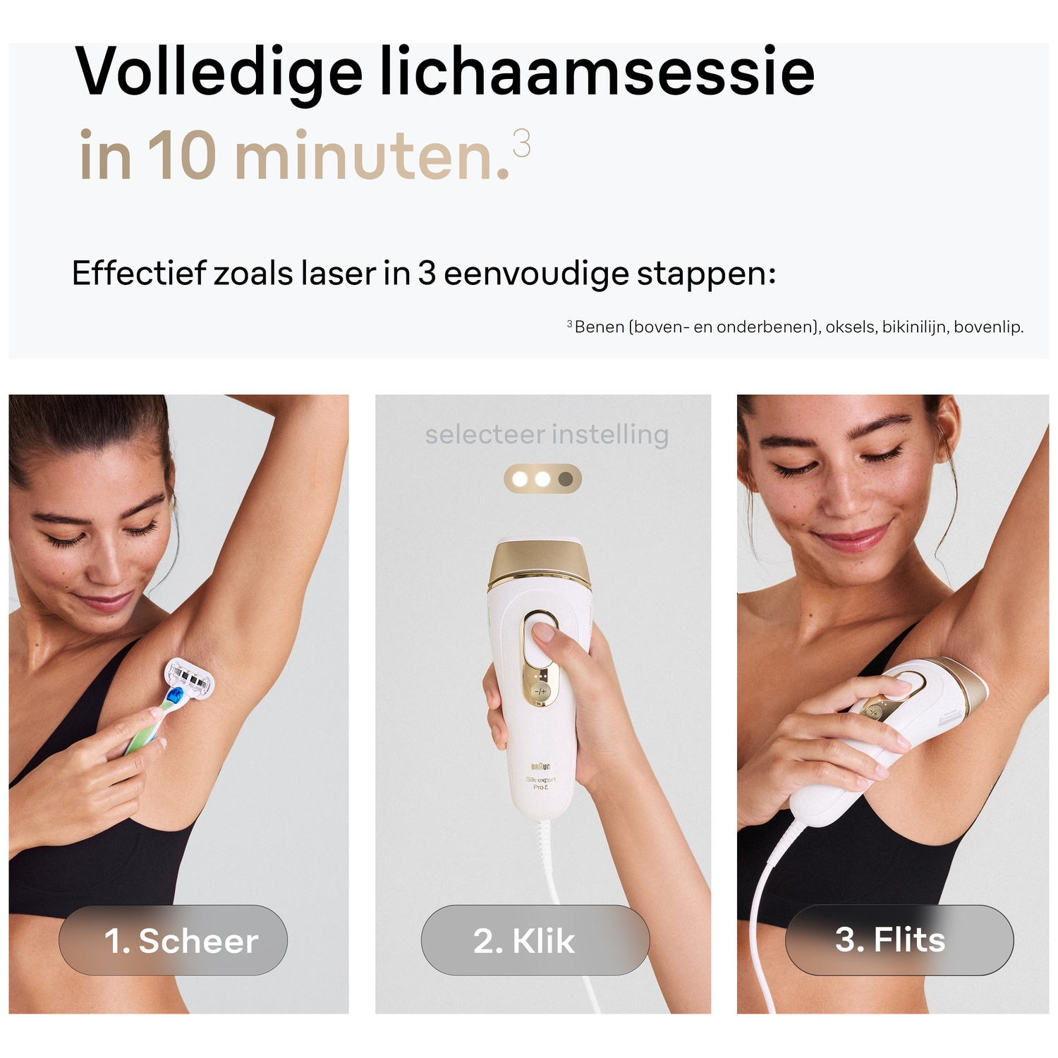 Image shows a woman shaving, using a laser hair removal device, and using the device again. Text reads, 'Full body session in 10 minutes'.