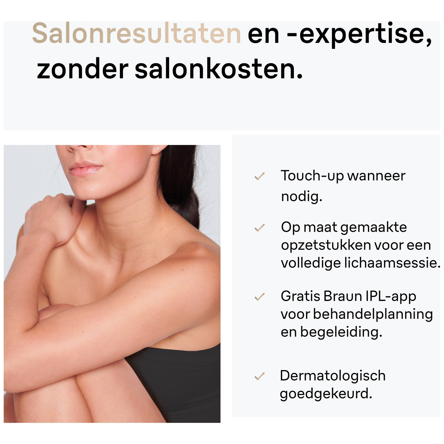 A woman with dark hair and a black top is hugging herself. Text mentions salon results and expertise, without salon costs.