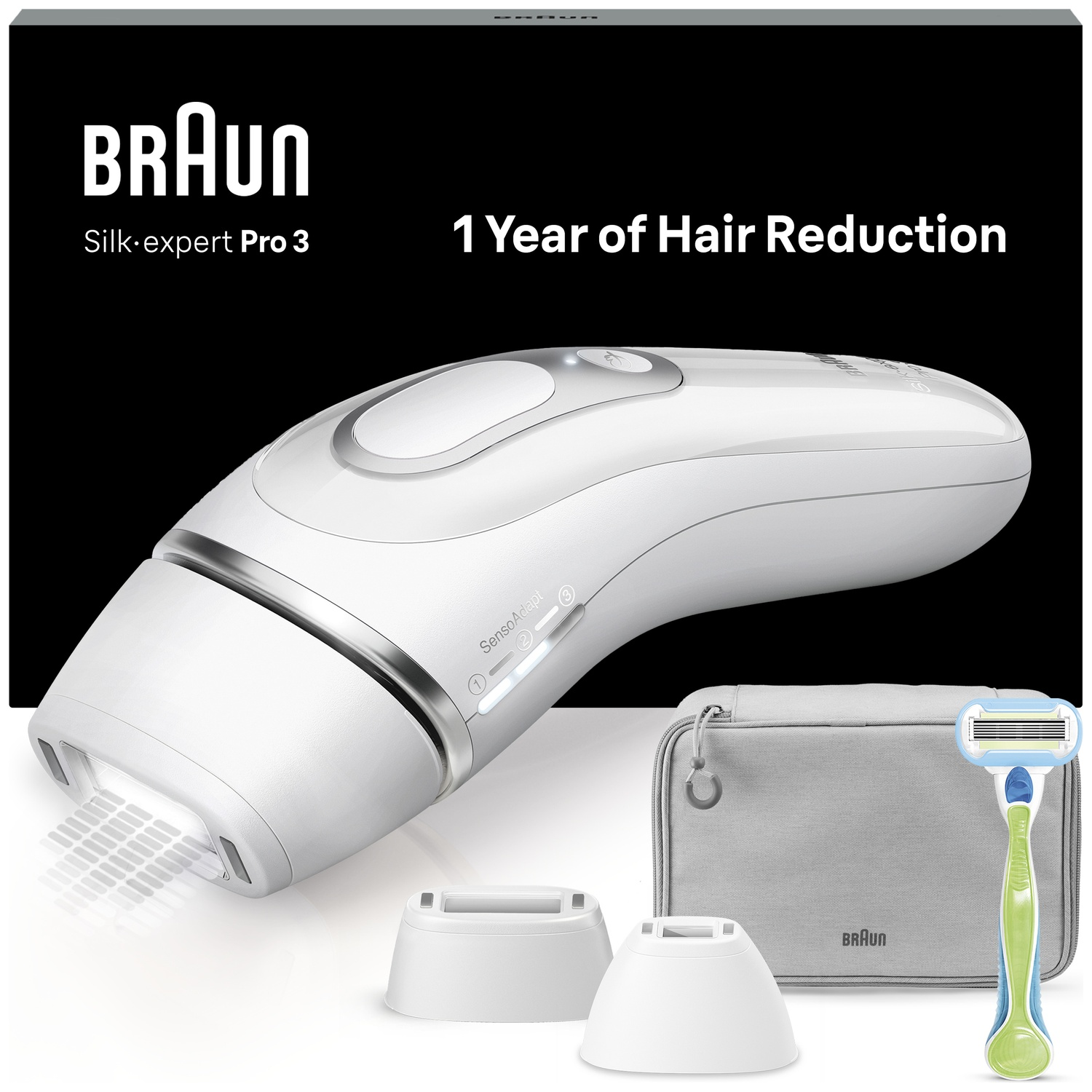 Un Braun Silk-expert Pro 3 blanc, une pochette grise, deux accessoires blancs et un rasoir bleu et vert sur une surface blanche.