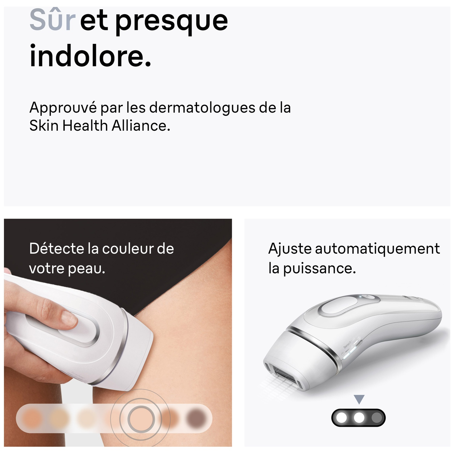 L'image montre du texte et deux images. Le texte dit 'Sûr et presque indolore'. Les images montrent un appareil et la peau, avec détection des couleurs.
