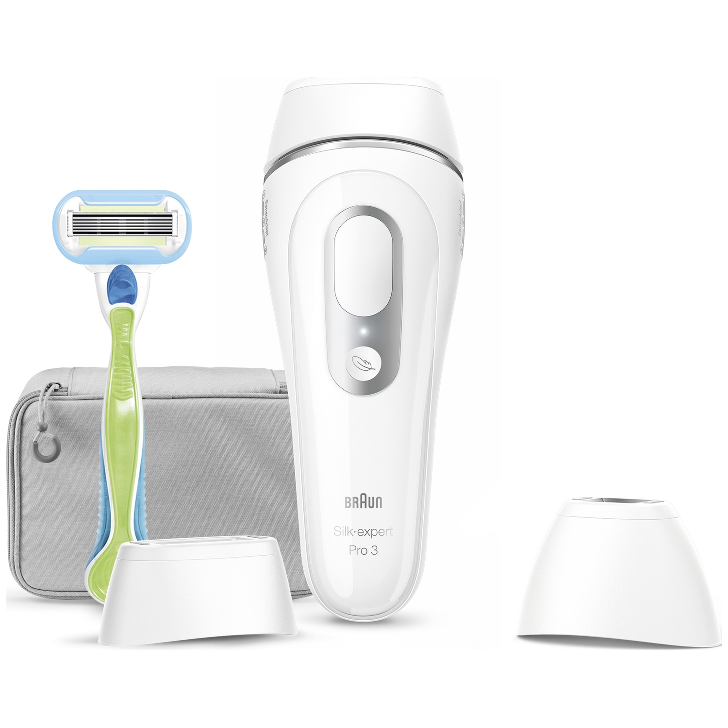 Een witte Braun Silk-expert Pro 3, een scheermes, twee witte standaarden en een grijze etui op een witte achtergrond.