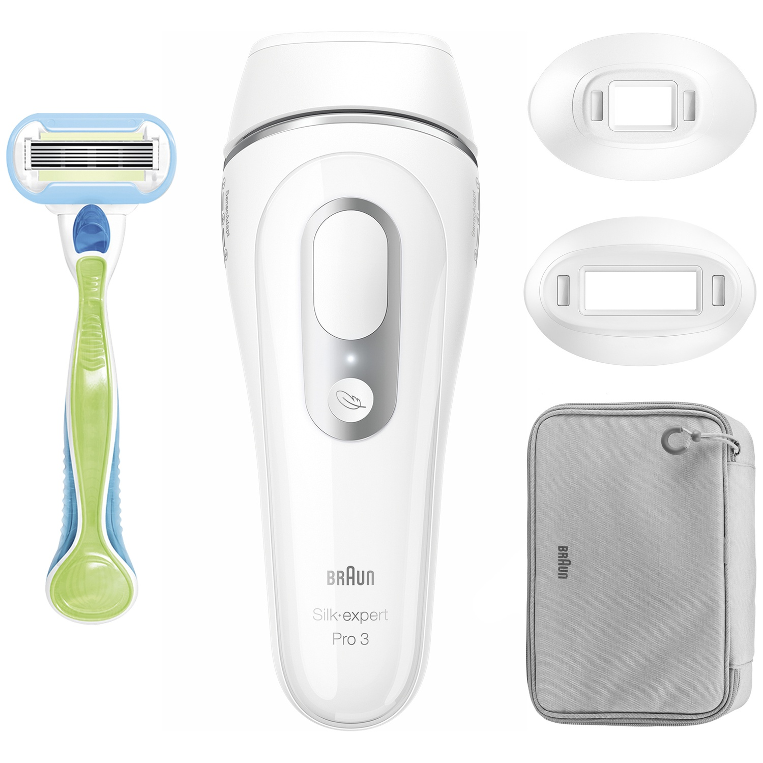 Een witte Braun Silk-expert Pro 3, scheermes, twee koppen en een grijze reistas op een wit oppervlak.