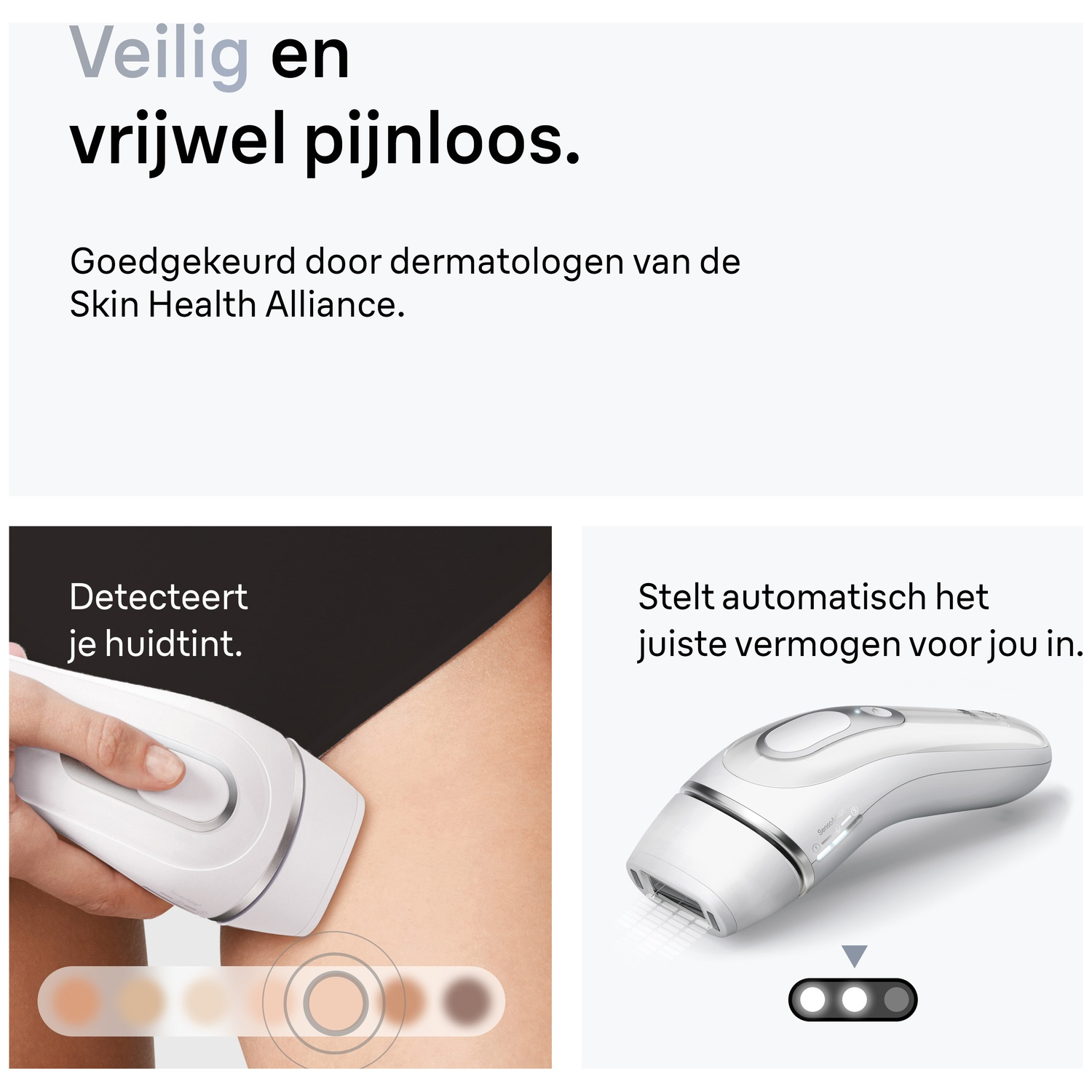 Afbeelding toont een apparaat dat huidtint detecteert en vermogen aanpast. Tekst zegt 'Veilig en vrijwel pijnloos', goedgekeurd door Skin Health Alliance.
