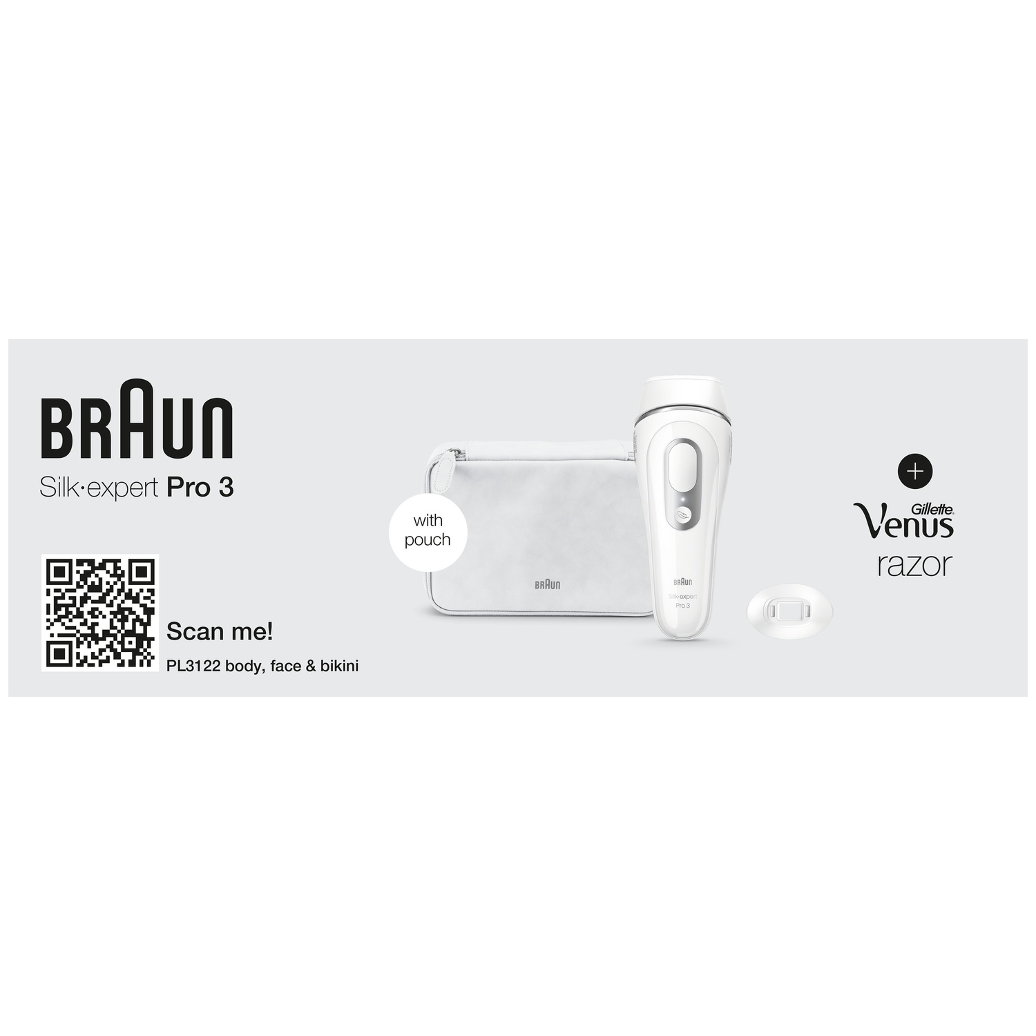 Afbeelding toont een Braun Silk-expert Pro 3, een etui en een Gillette Venus scheermes. Tekst bevat 'Scan me!' en productdetails.
