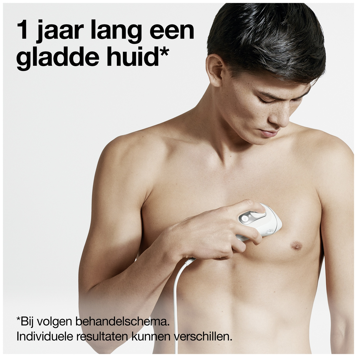 Een man gebruikt een wit apparaat op zijn borst. Tekst: '1 jaar gladde huid'. Achtergrond wit. De man kijkt naar beneden.
