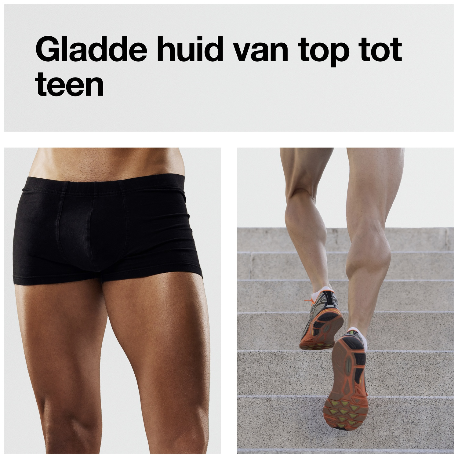 Afbeelding verdeeld in tweeën: links, man in zwarte korte broek; rechts, benen die een trap oplopen in oranje en zwarte schoenen.