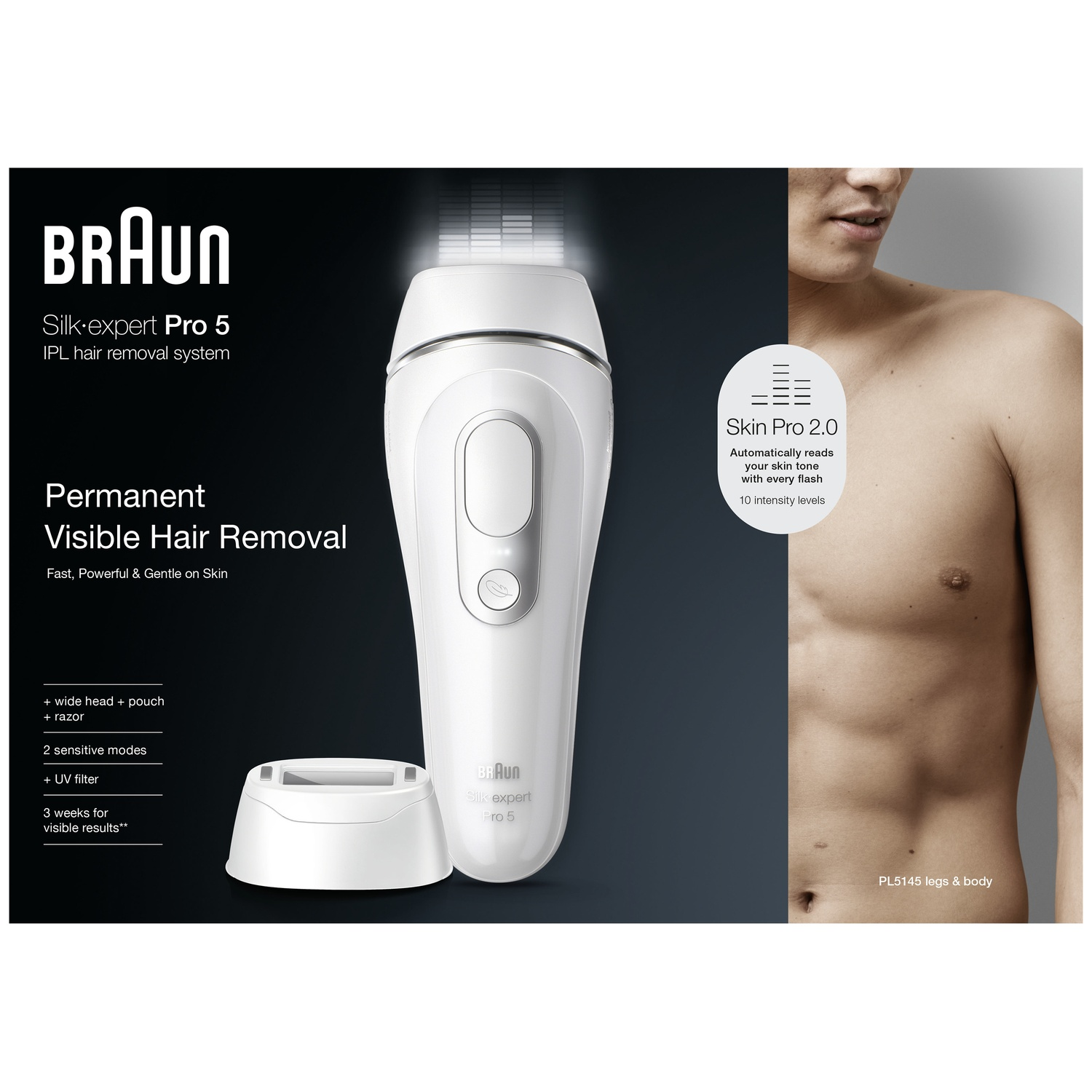 Afbeelding toont Braun Silk-expert Pro 5 IPL ontharingssysteem. Een wit apparaat wordt getoond naast de torso van een man.