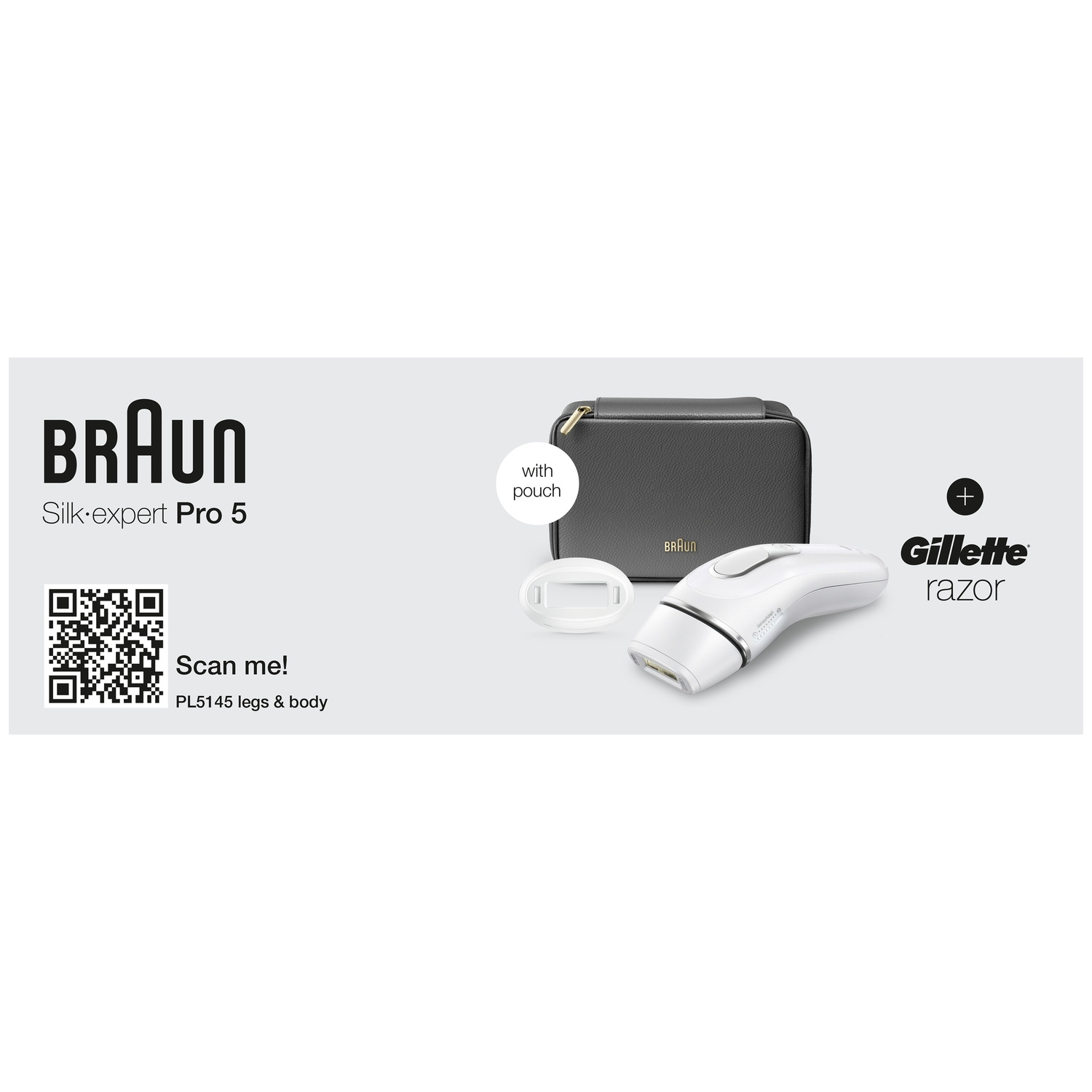 Afbeelding toont Braun Silk-expert Pro 5, een Gillette-scheermes, een etui en een witte epilator. Tekst omvat 'Scan me!' en productdetails.