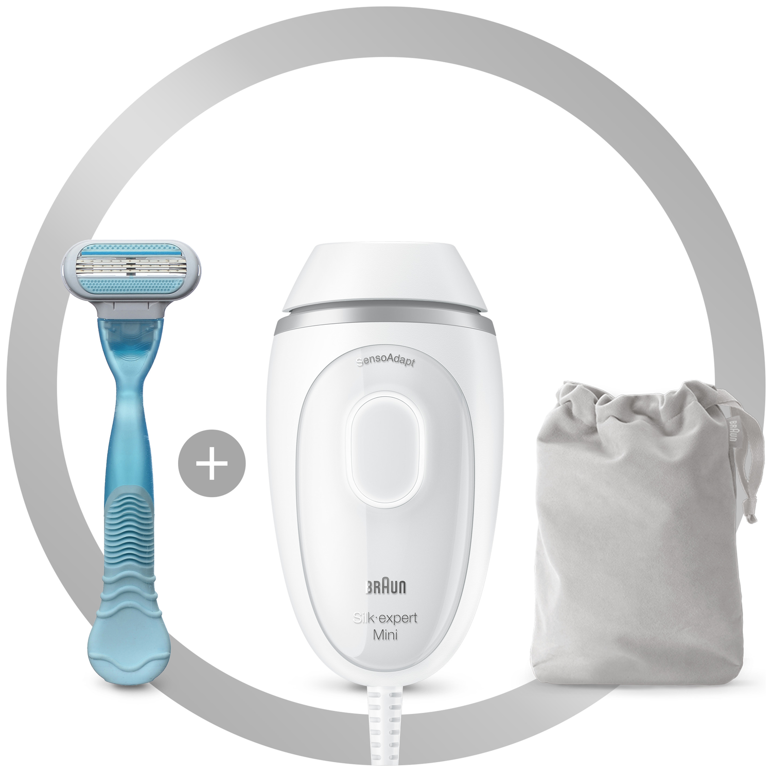 Image shows a blue razor, white Braun Silk expert Mini, and a gray bag, all on a white background, within a gray arc.