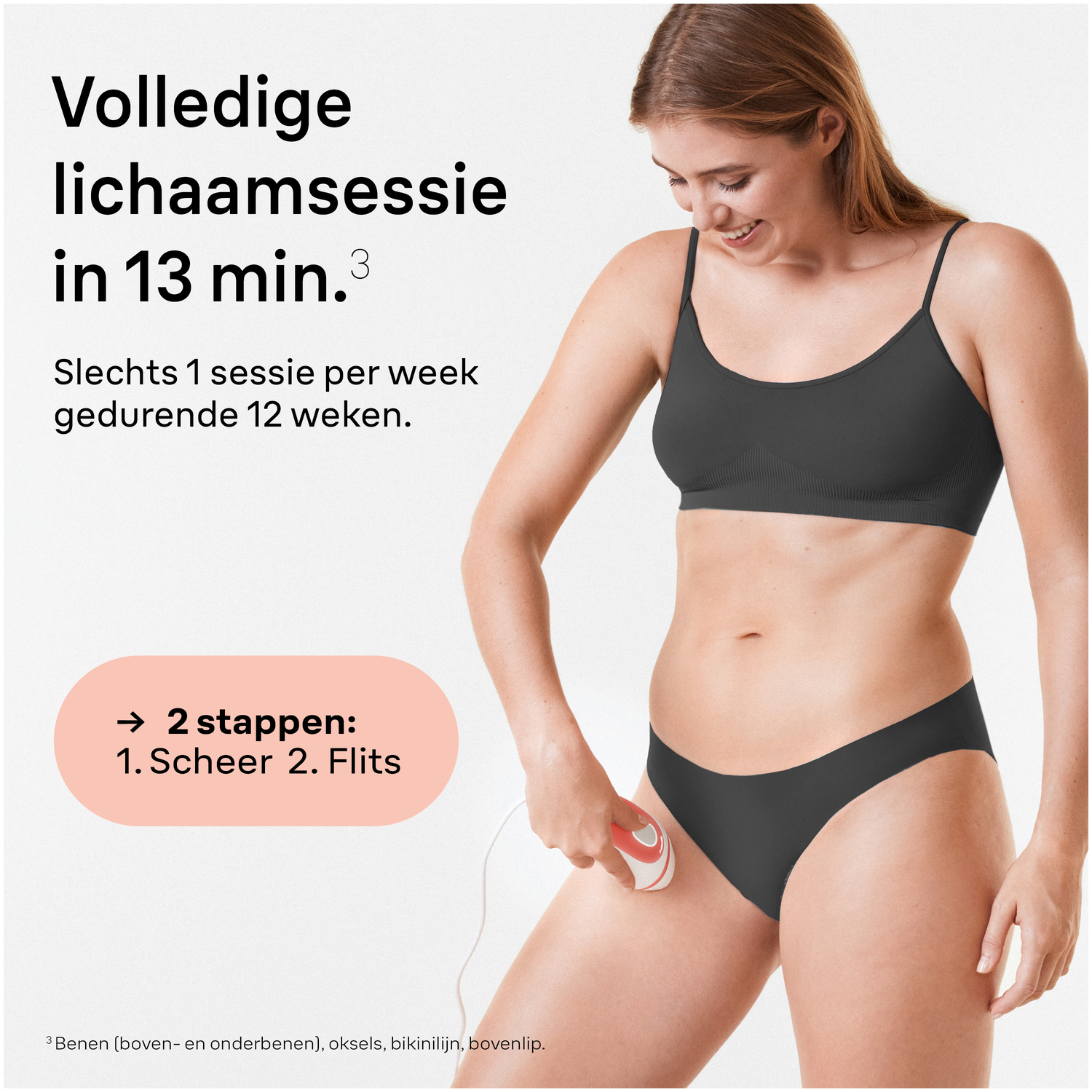 A woman in black underwear and top holds a device to her leg, smiling. Text describes a body treatment in 13 minutes.