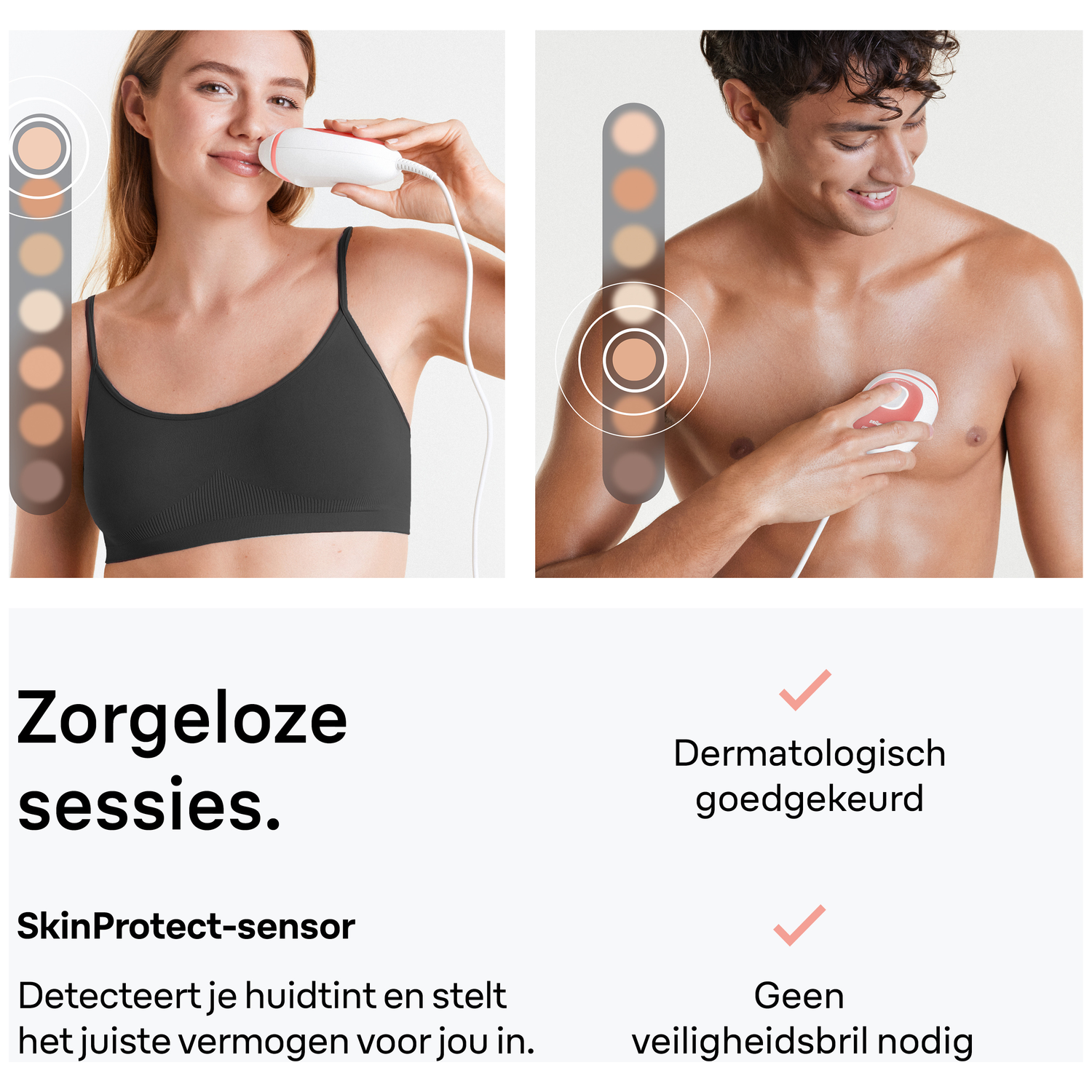 Image shows a woman and a man using a skin treatment device. Text promotes the device. Skin tone indicators are on the left.