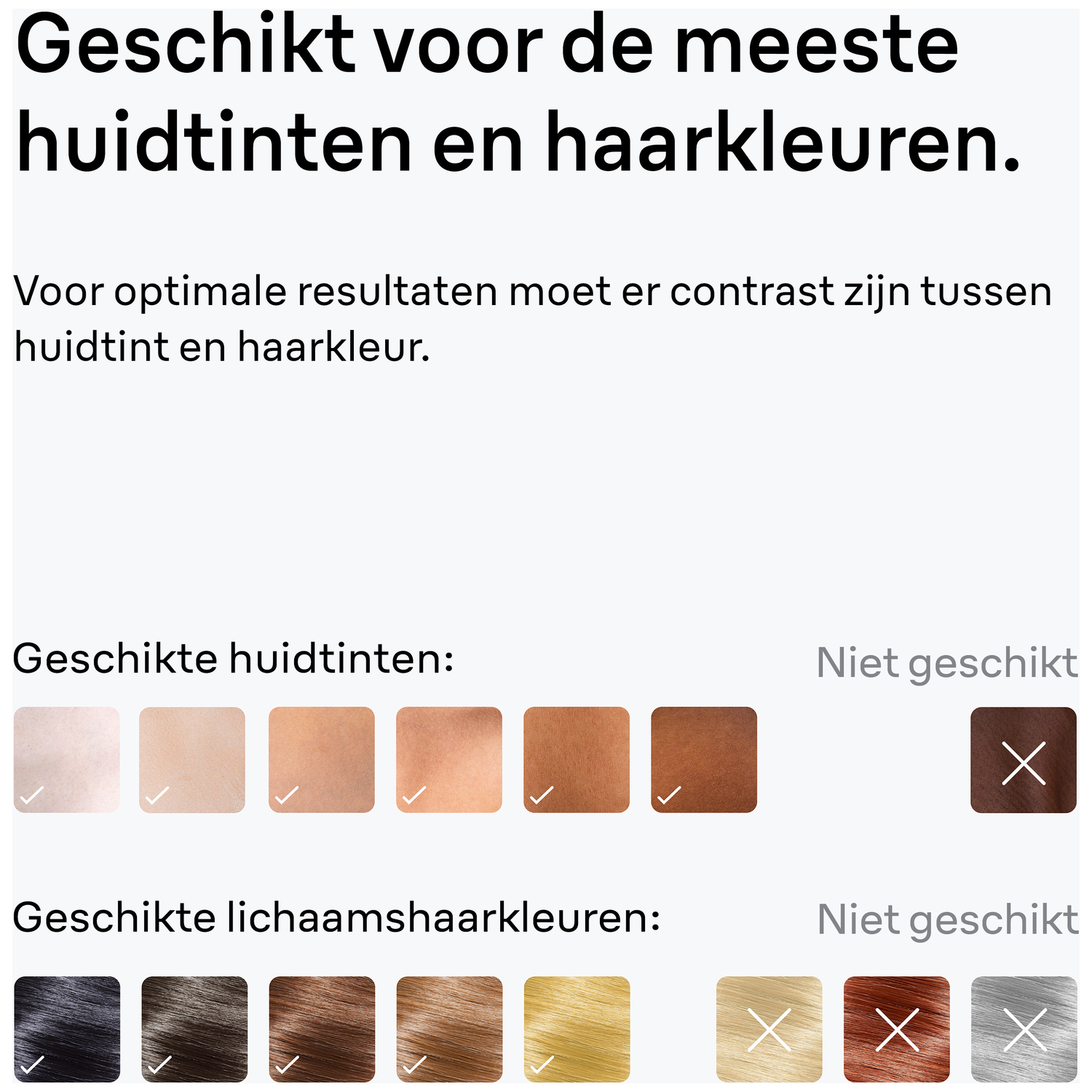 Image shows skin tones and hair colors with check marks indicating suitable choices and crosses for unsuitable ones.