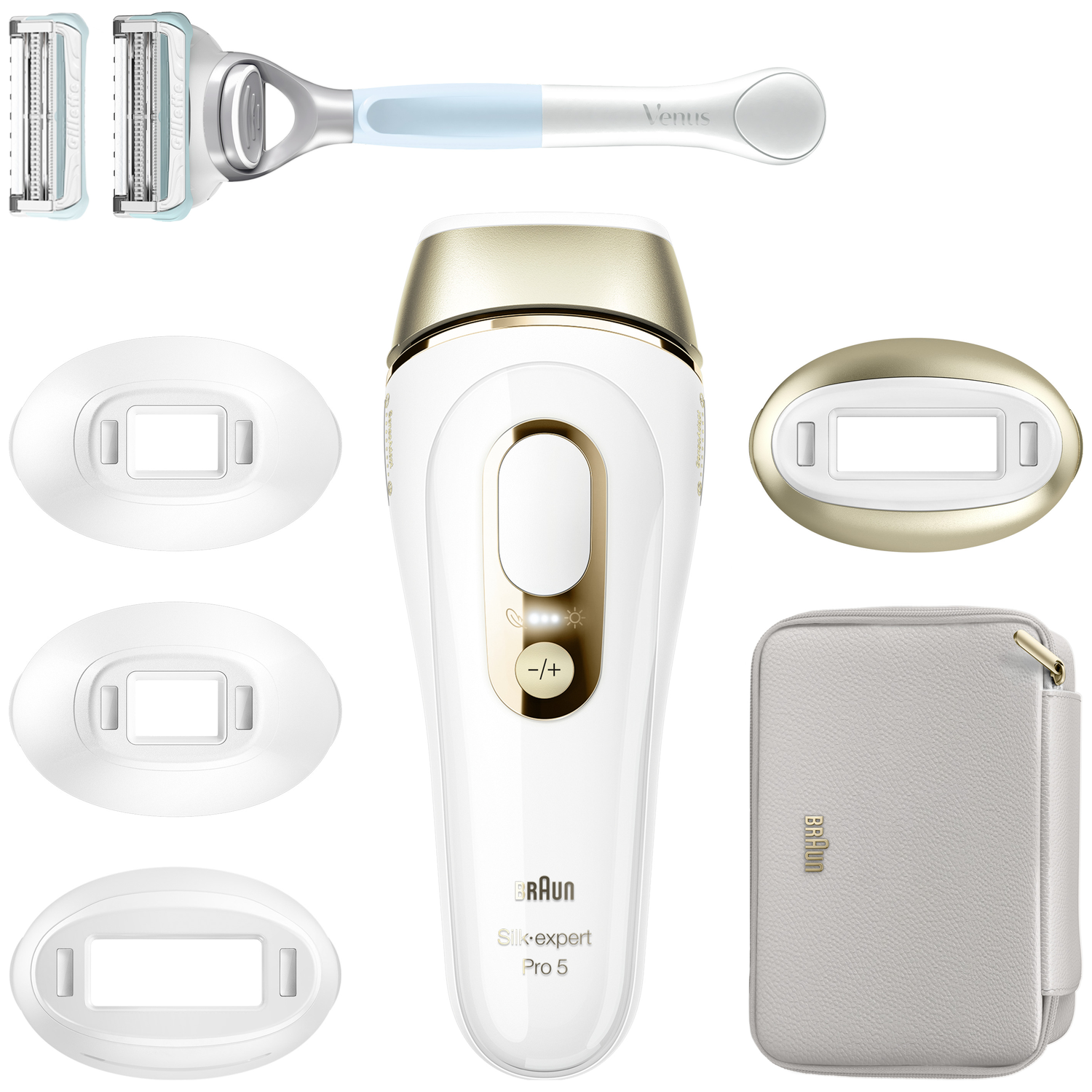 A white and gold Braun Silk-expert Pro 5, a Venus razor, three white heads, and a gray carrying case are displayed on a white background.