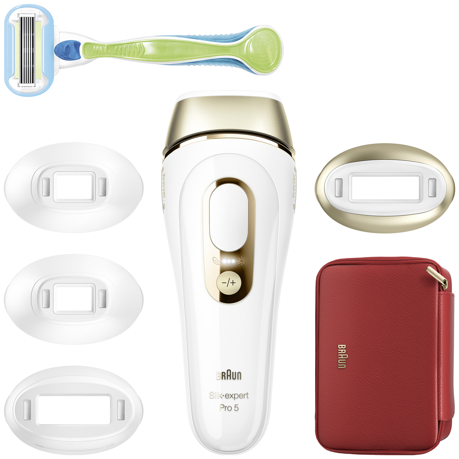 Image shows a razor, hair removal device, and accessories. Items include white device, red case, multiple white heads, and a blue/green razor.