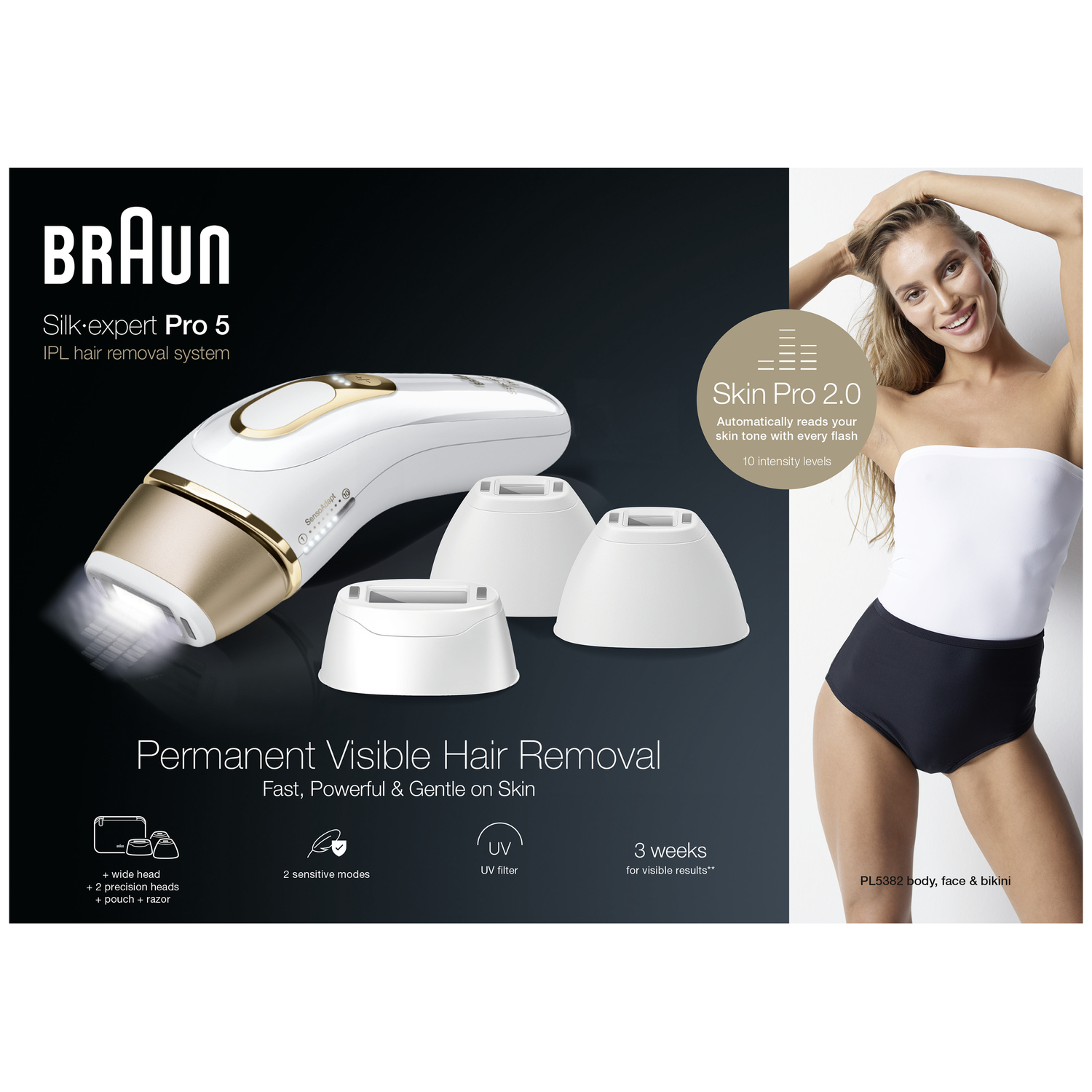 An IPL hair removal system with accessories, and a woman in a white top and black bottoms. Text: Braun Silk-expert Pro 5.