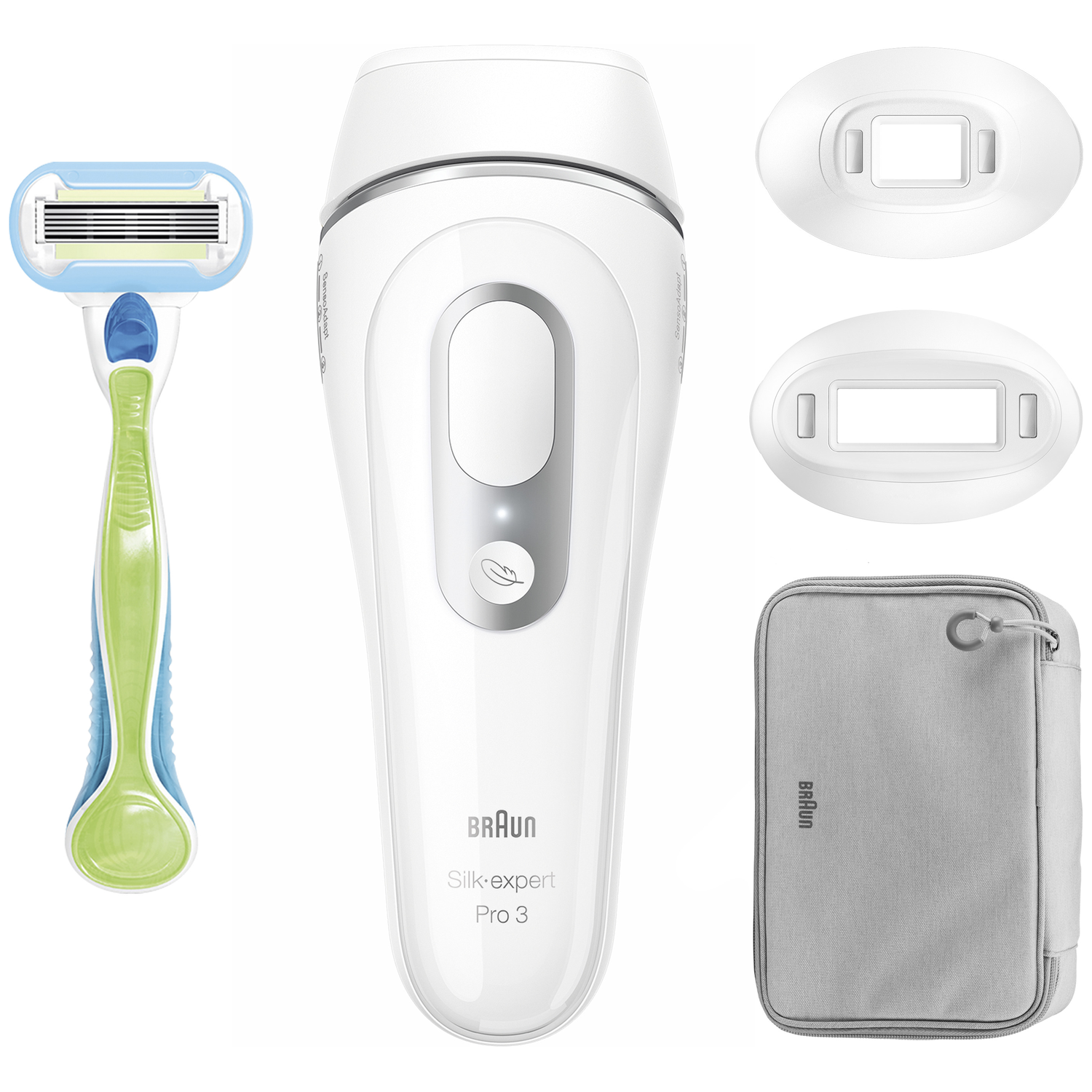 Een witte Braun epilator, scheermes, twee witte opzetstukken en een grijze draagtas staan in de afbeelding. Alle objecten staan op een witte achtergrond.